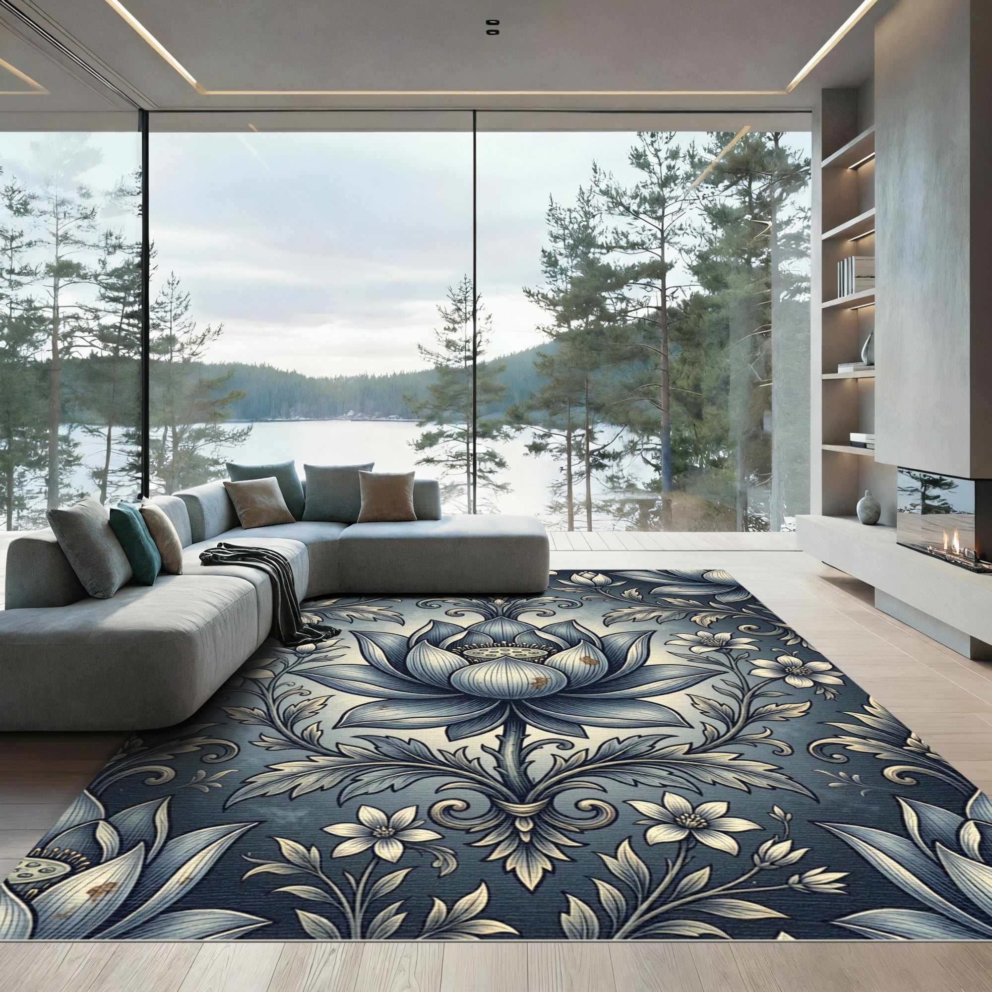 Elegant Blue Lotus Floral Damask Rug