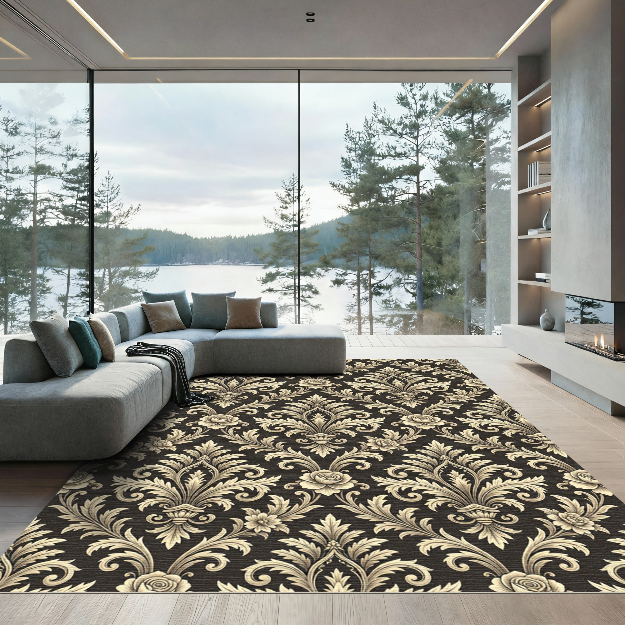 Golden Floral Damask Scroll Rug