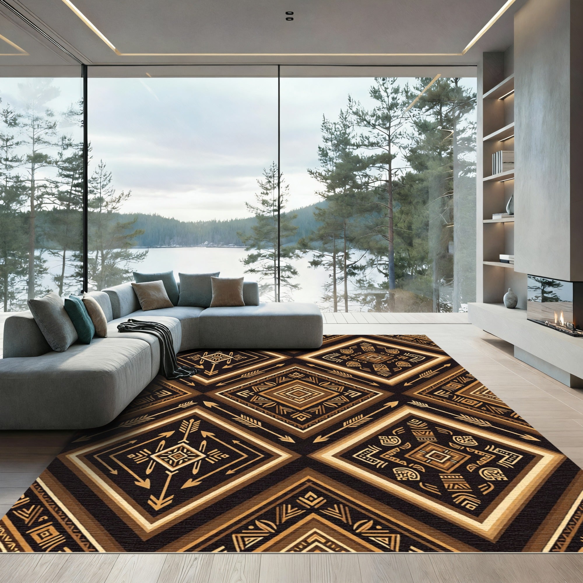 Brown Gold Tribal Diamond Arrow Rug