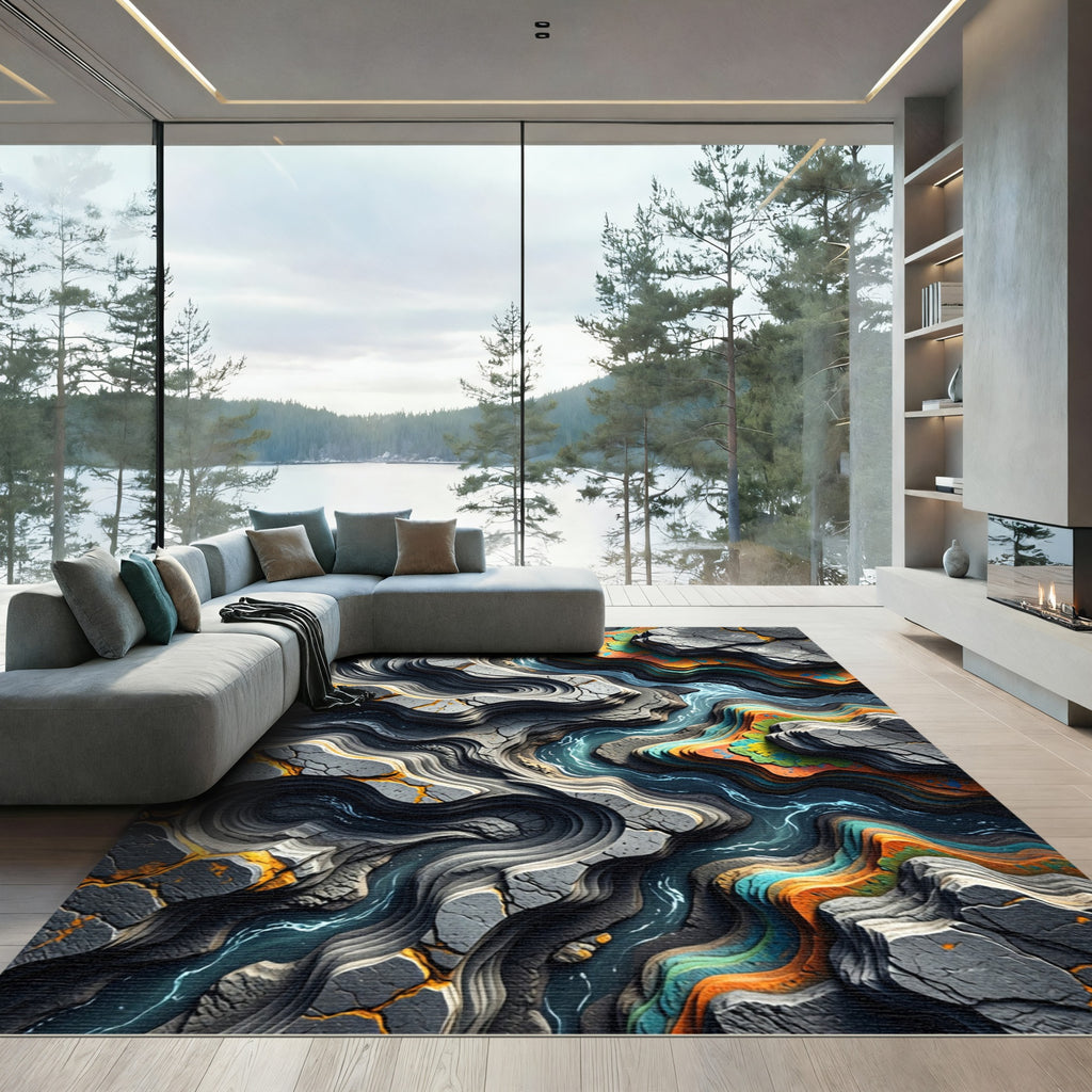 Abstract River Tectonic Layered Stone Rug