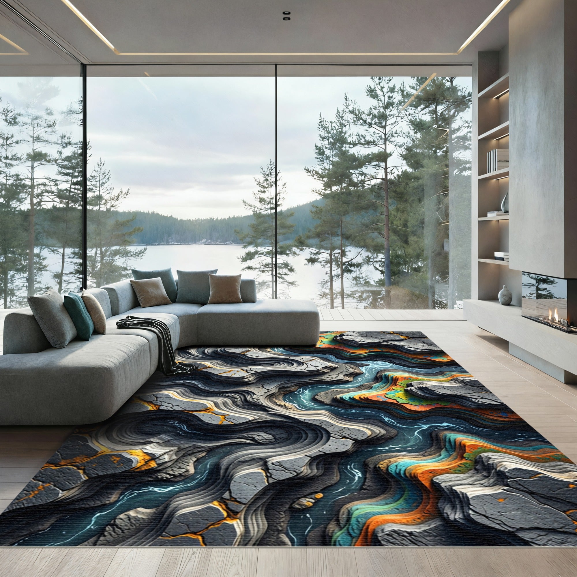 Abstract River Tectonic Layered Stone Rug