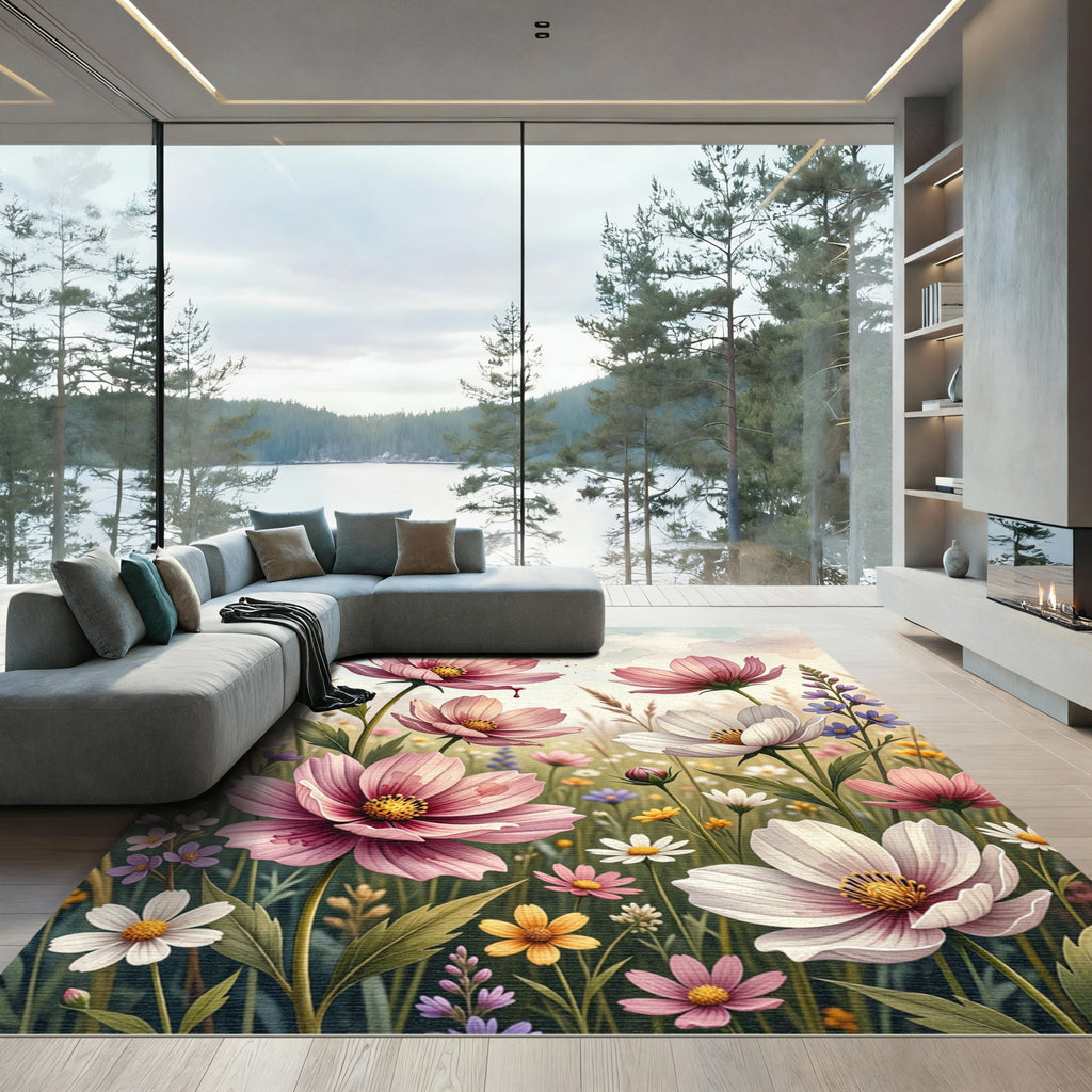 Soft Pastel Cosmos Wildflower Meadow Rug