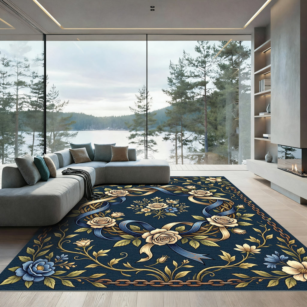 Cream Rose Navy Chain Garland Rug