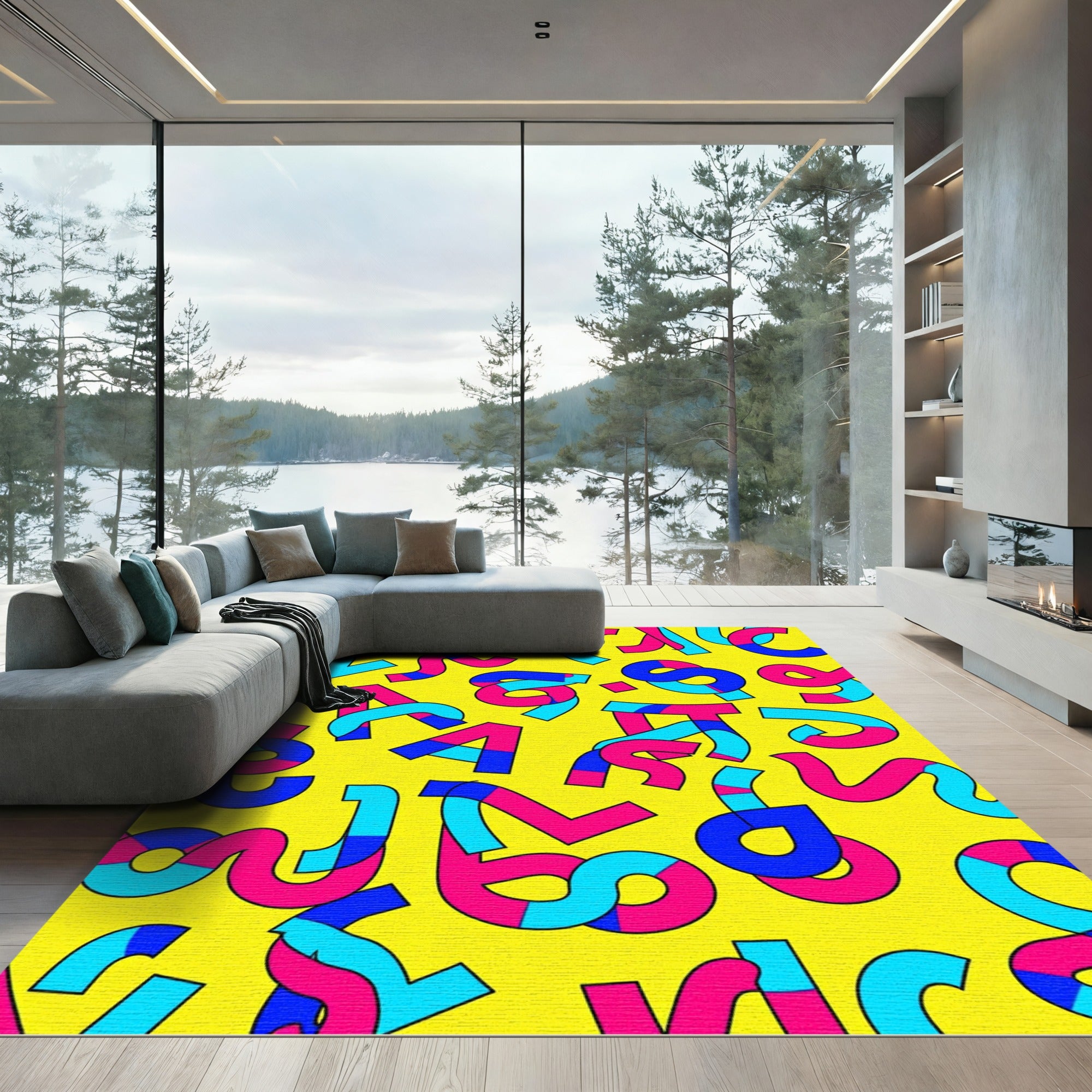 Bold Yellow Blue Pink Abstract Shapes Rug