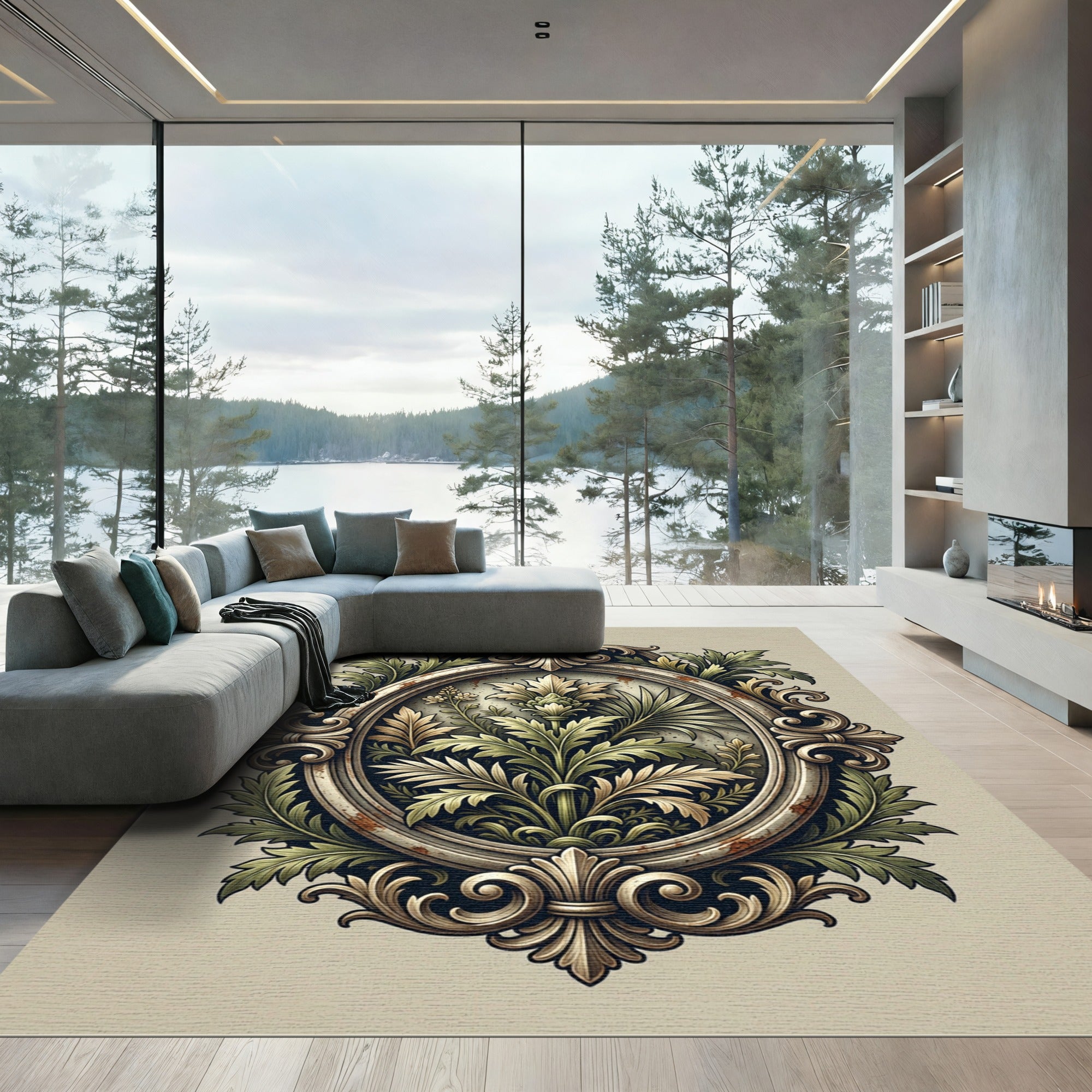 Ornate Green Floral Oval Emblem Rug