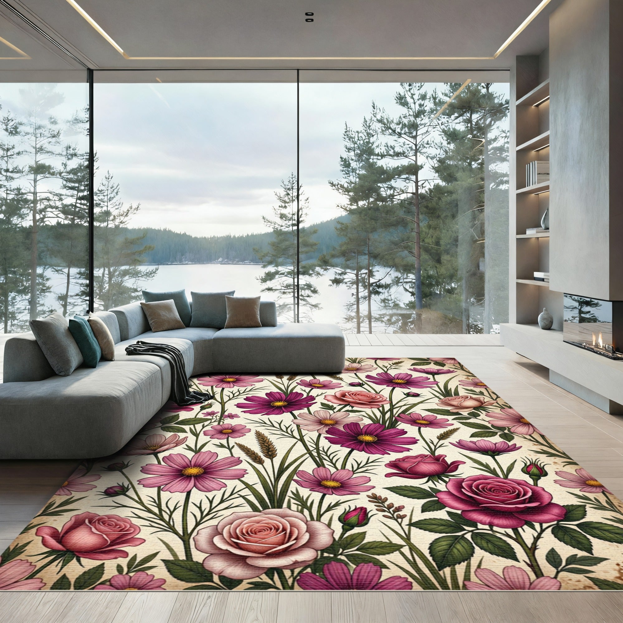 Vintage Pink Cosmos and Rose Meadow Rug