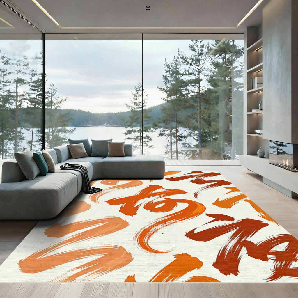 Vibrant Burnt Orange Calligraphic Brush Strokes Rug