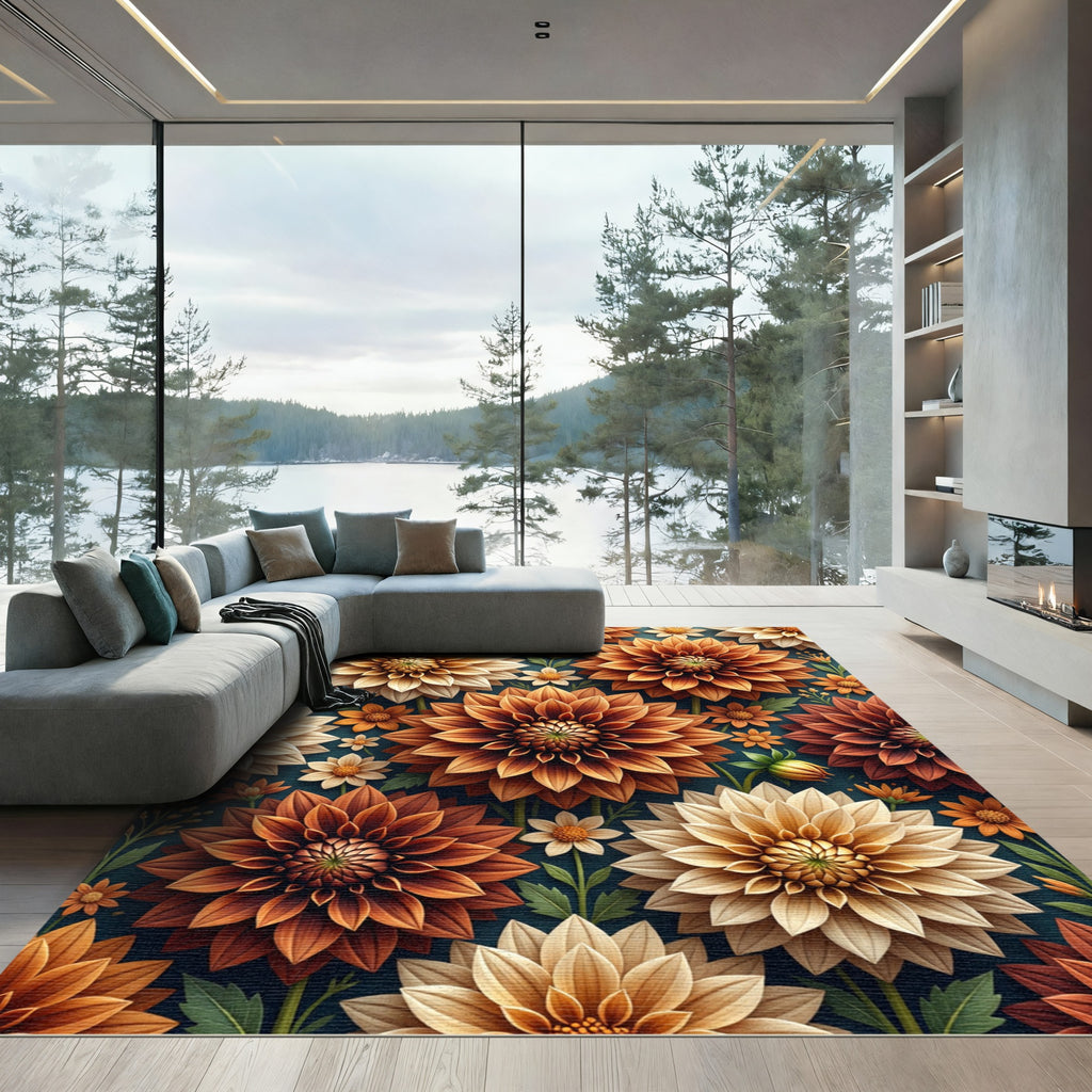 Golden Autumn Dahlia Floral Botanical Rug