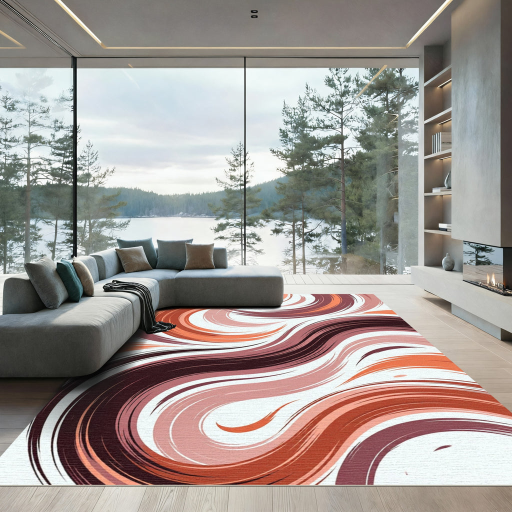 Modern Abstract Terracotta Swirl Art Rug