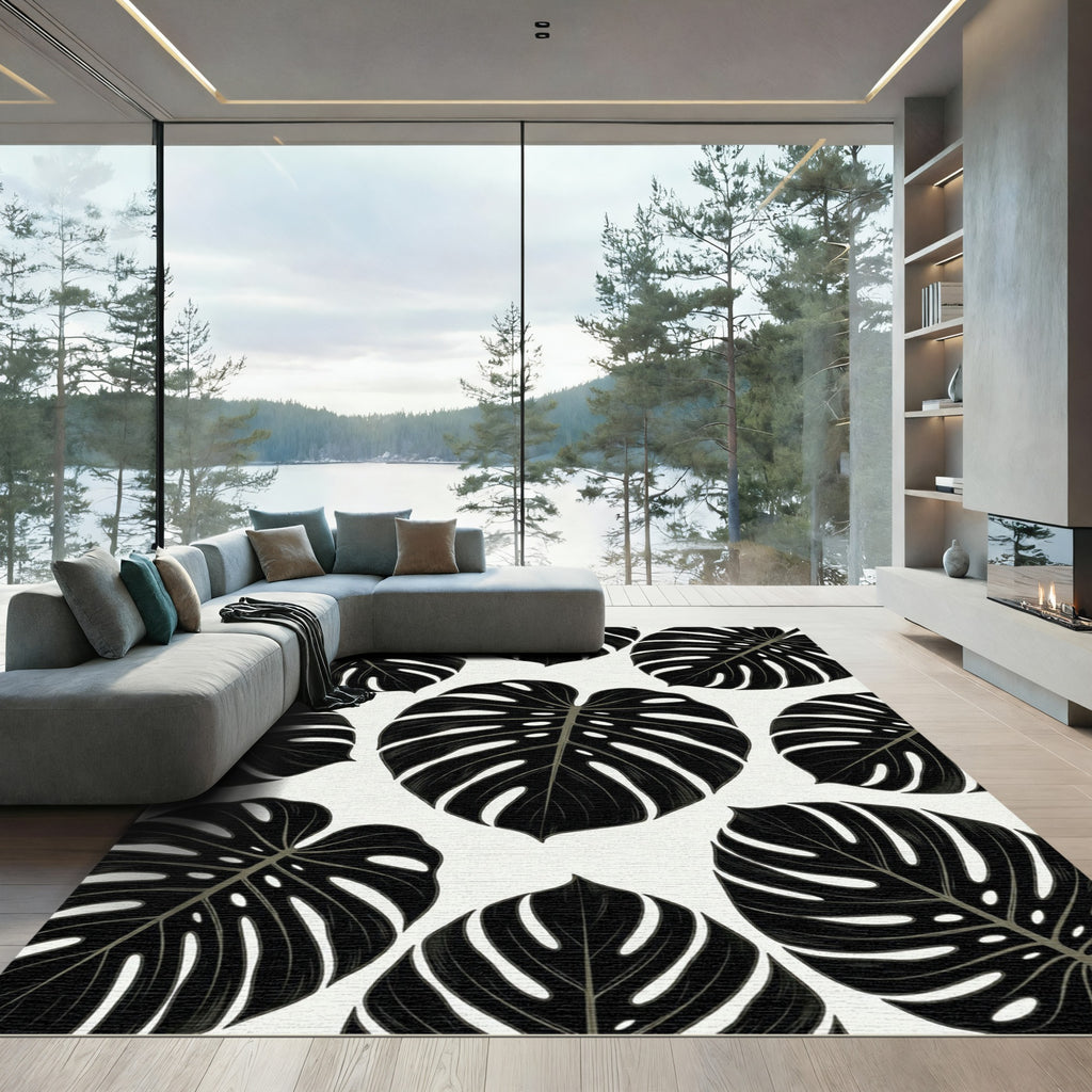 Bold Black Tropical Monstera Leaves Rug