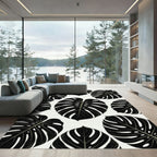 Bold Black Tropical Monstera Leaves Rug