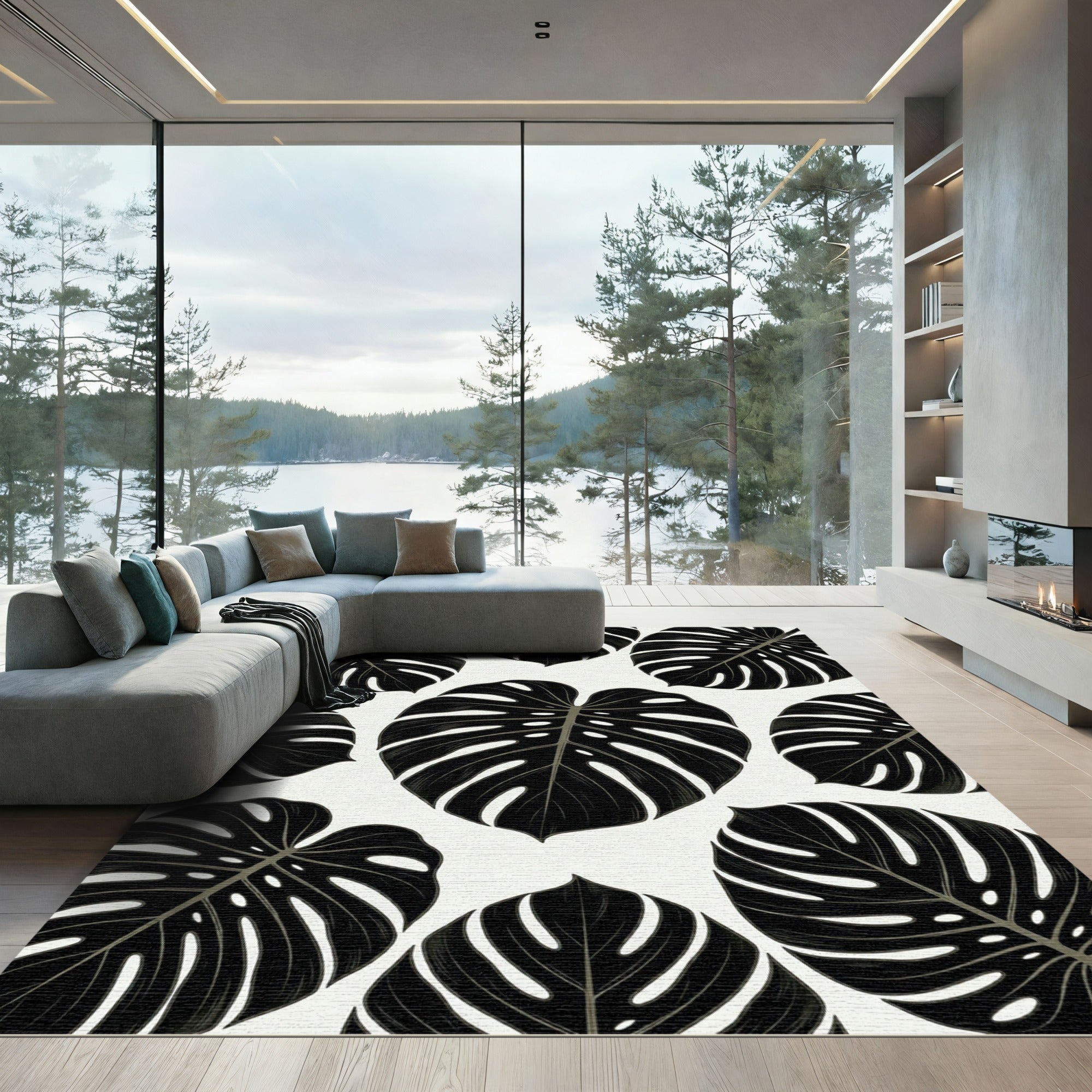 Bold Black Tropical Monstera Leaves Rug