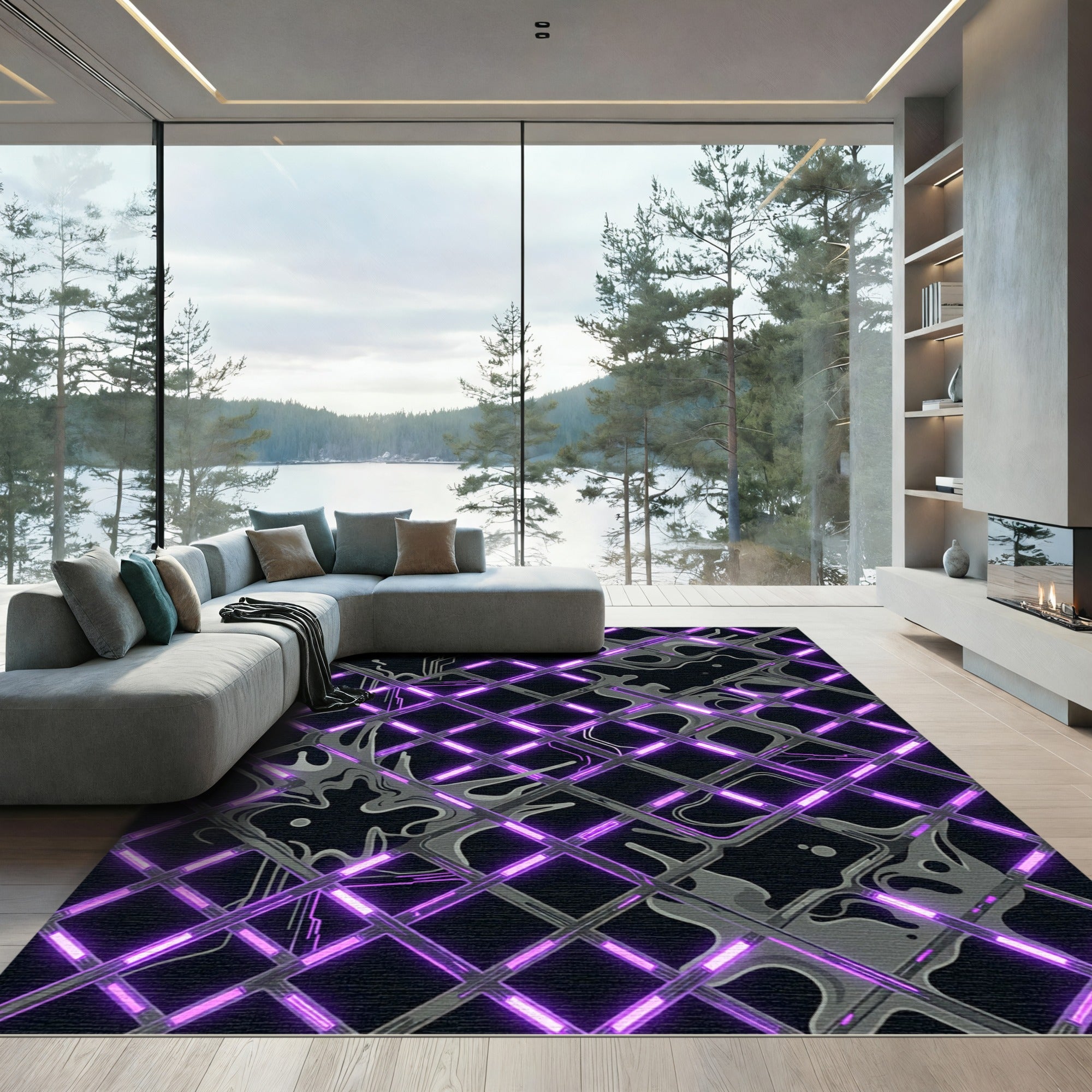 Electric Purple Neon Grid Cyberpunk Abstract Rug
