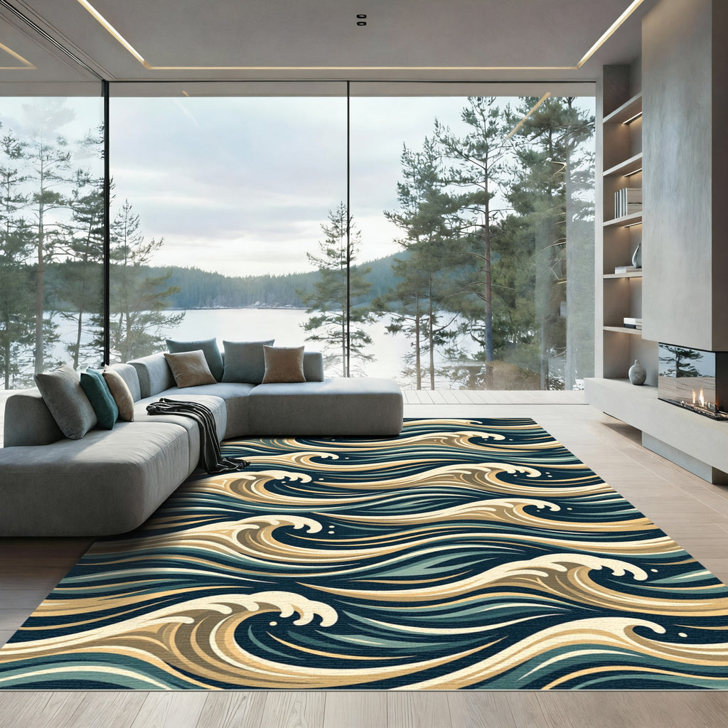 Golden Cream Teal Wave Flow Rug
