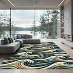 Golden Cream Teal Wave Flow Rug