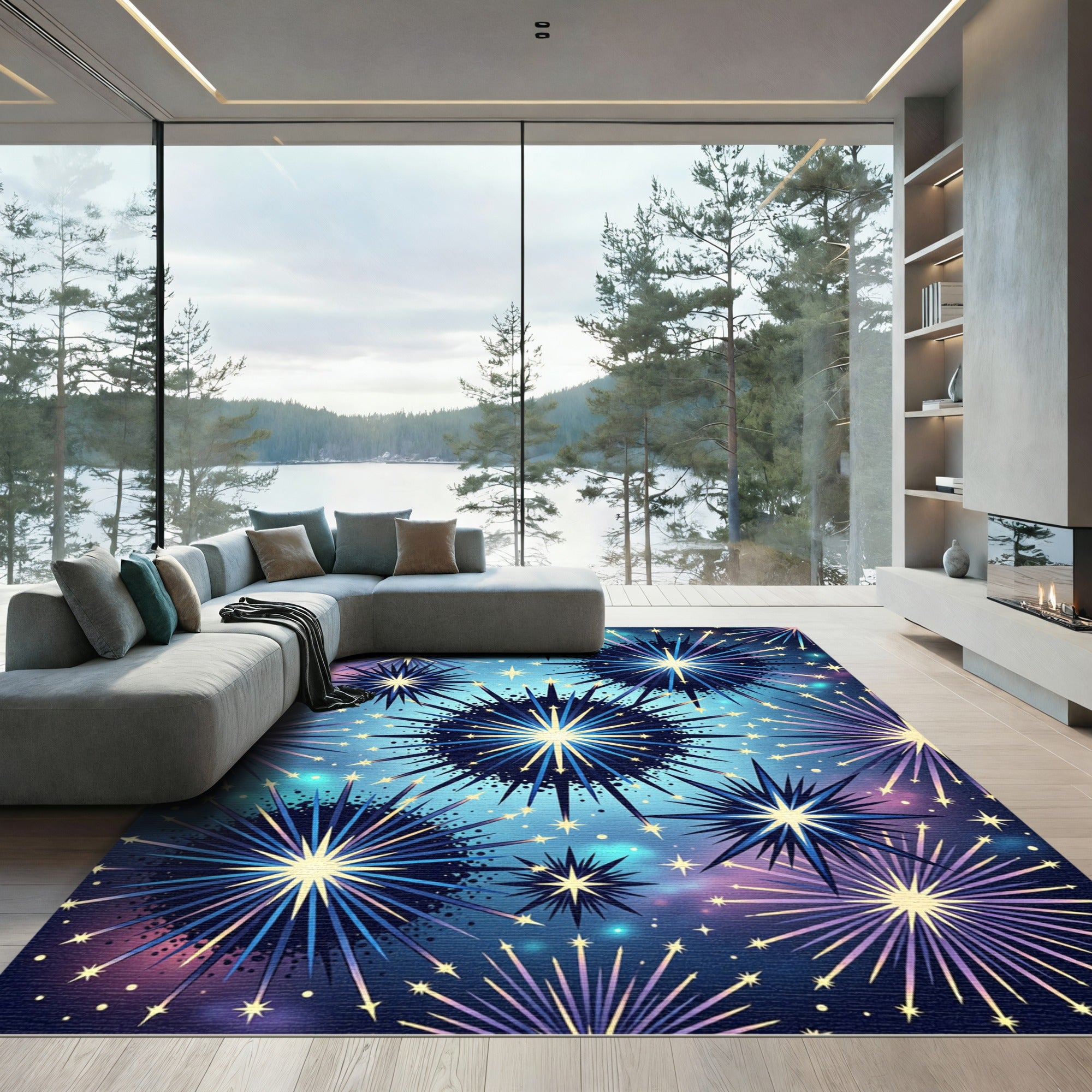 Cosmic Blue Starburst Explosion Rug