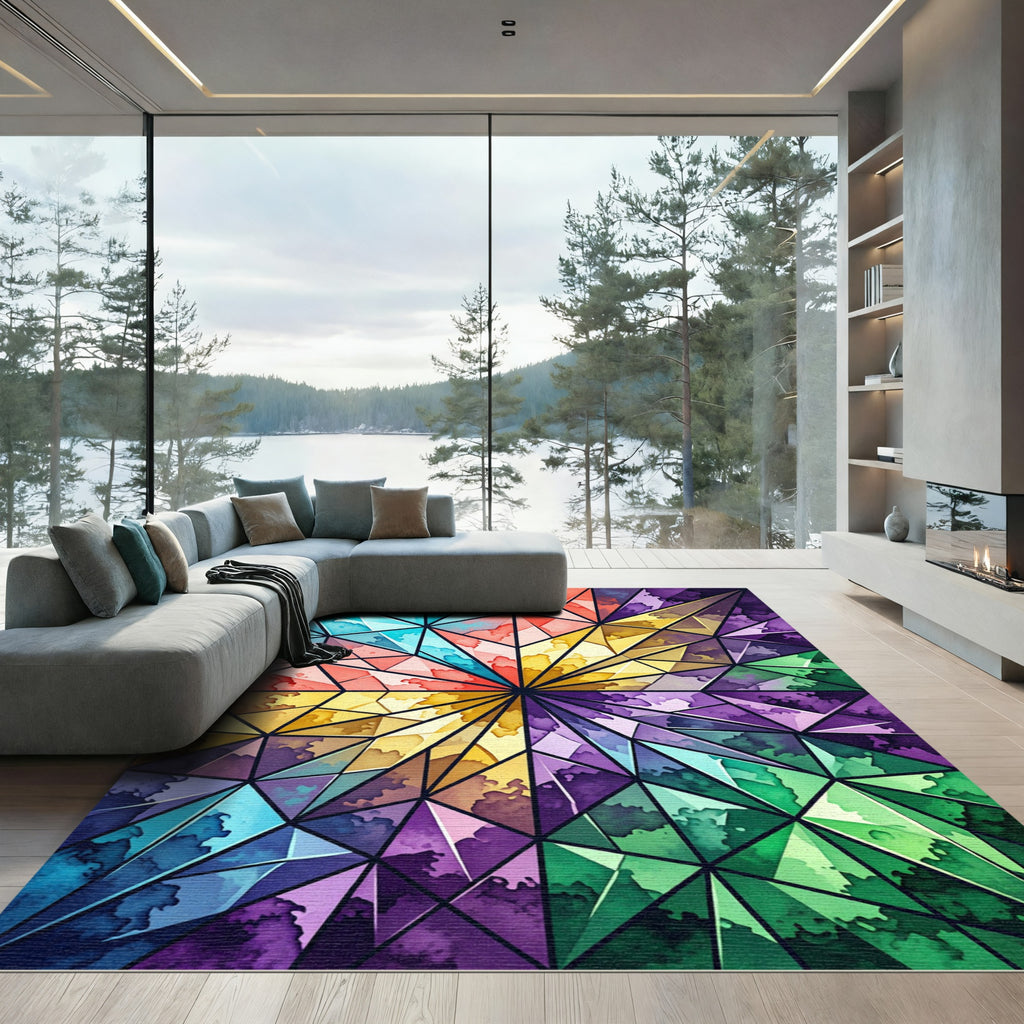 Vibrant Geometric Kaleidoscope Stained Glass Radiance Rug