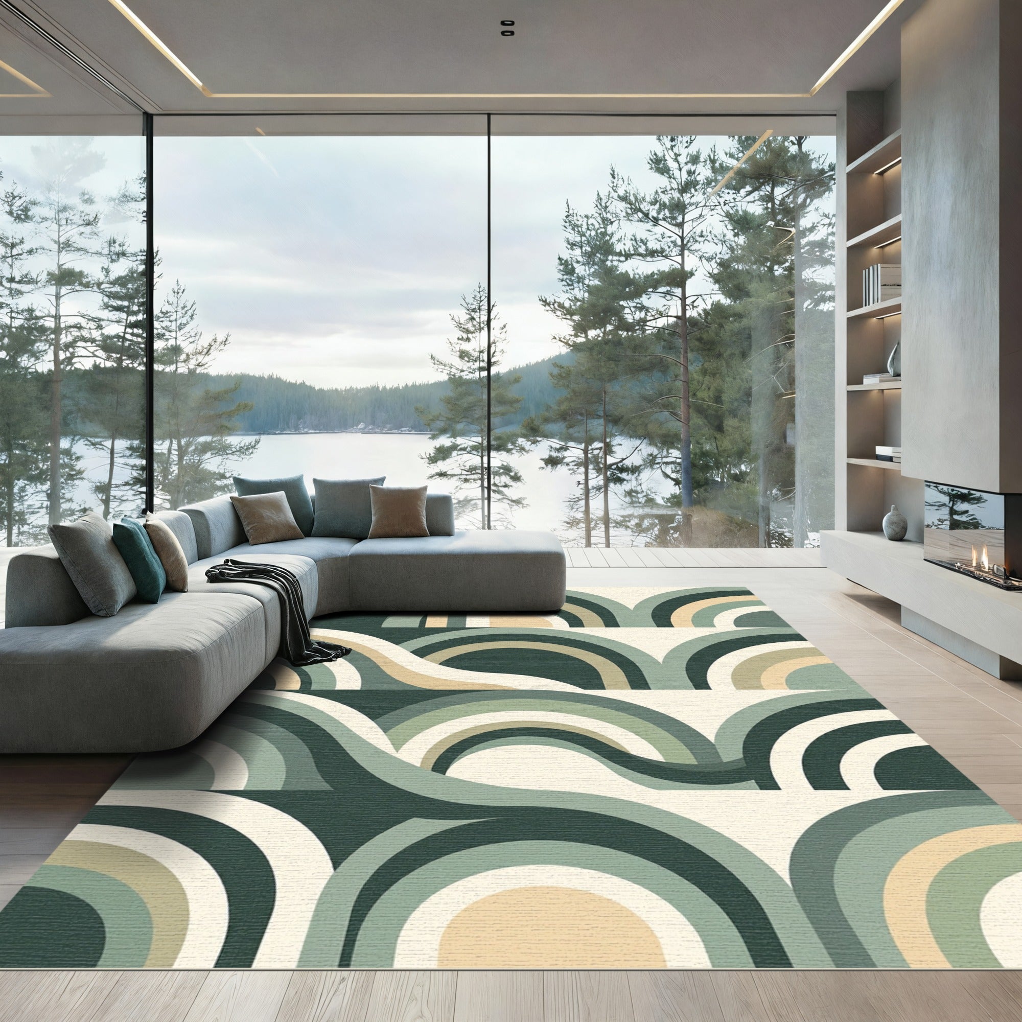 Sage Green Retro Mid-Century Arch Wave Rug
