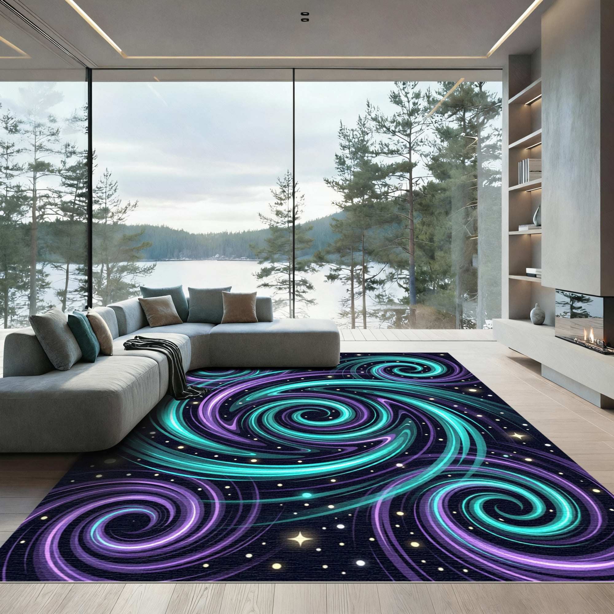 Cosmic Teal and Purple Nebula Swirl Rug