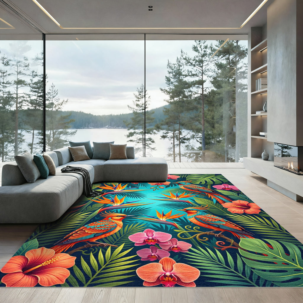 Exotic Birds Orchid Hibiscus Jungle Scene Rug