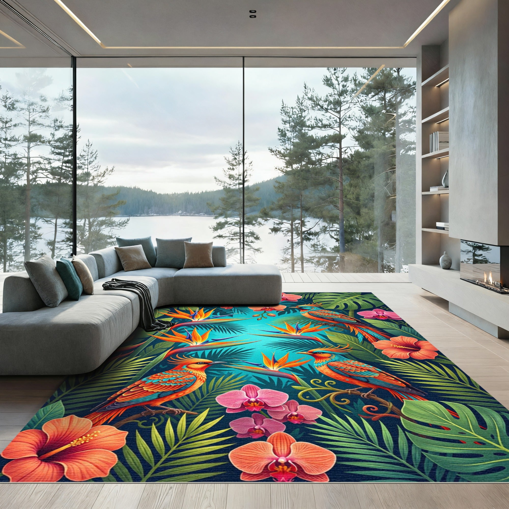 Exotic Birds Orchid Hibiscus Jungle Scene Rug