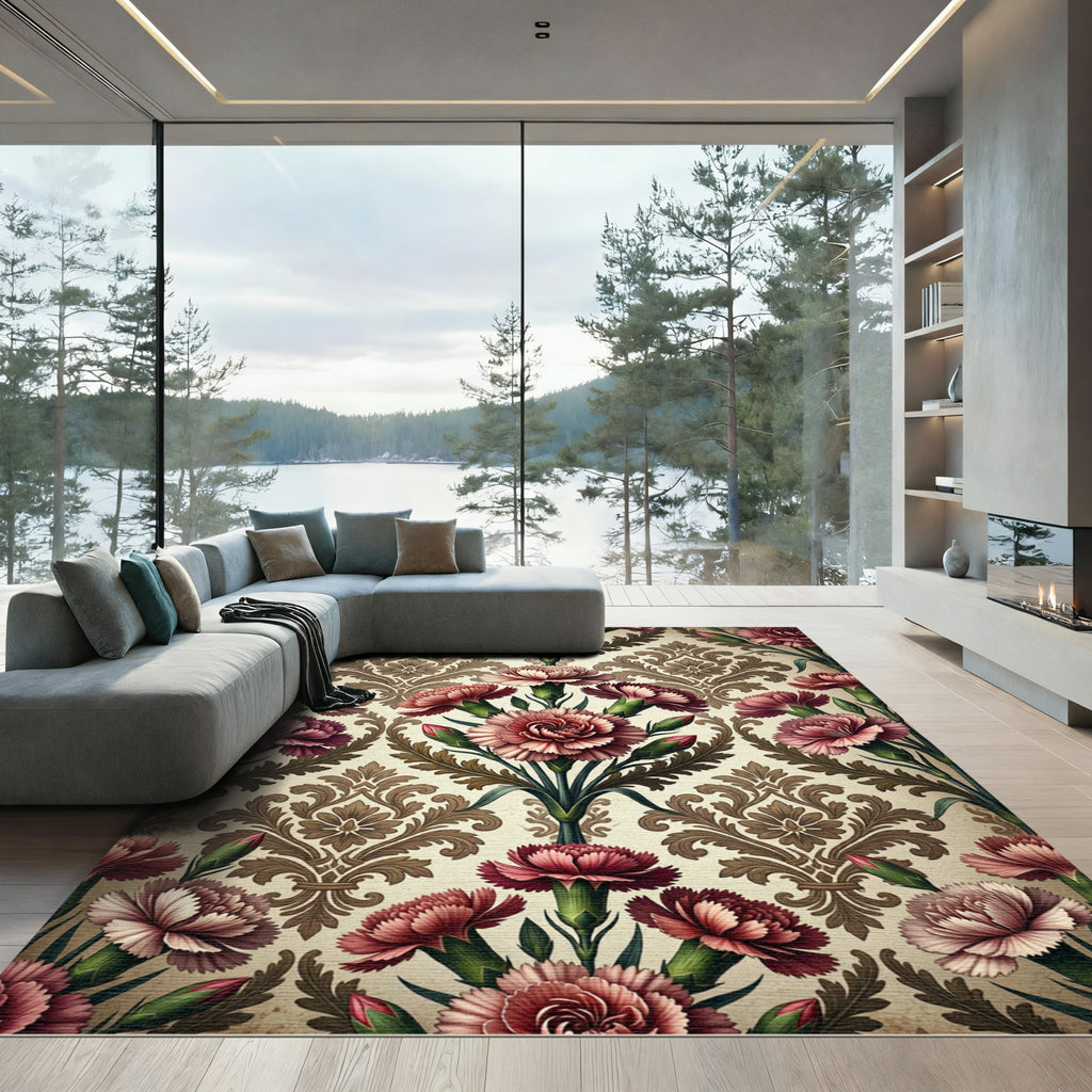 Vintage Dusty Rose Carnation Damask Rug