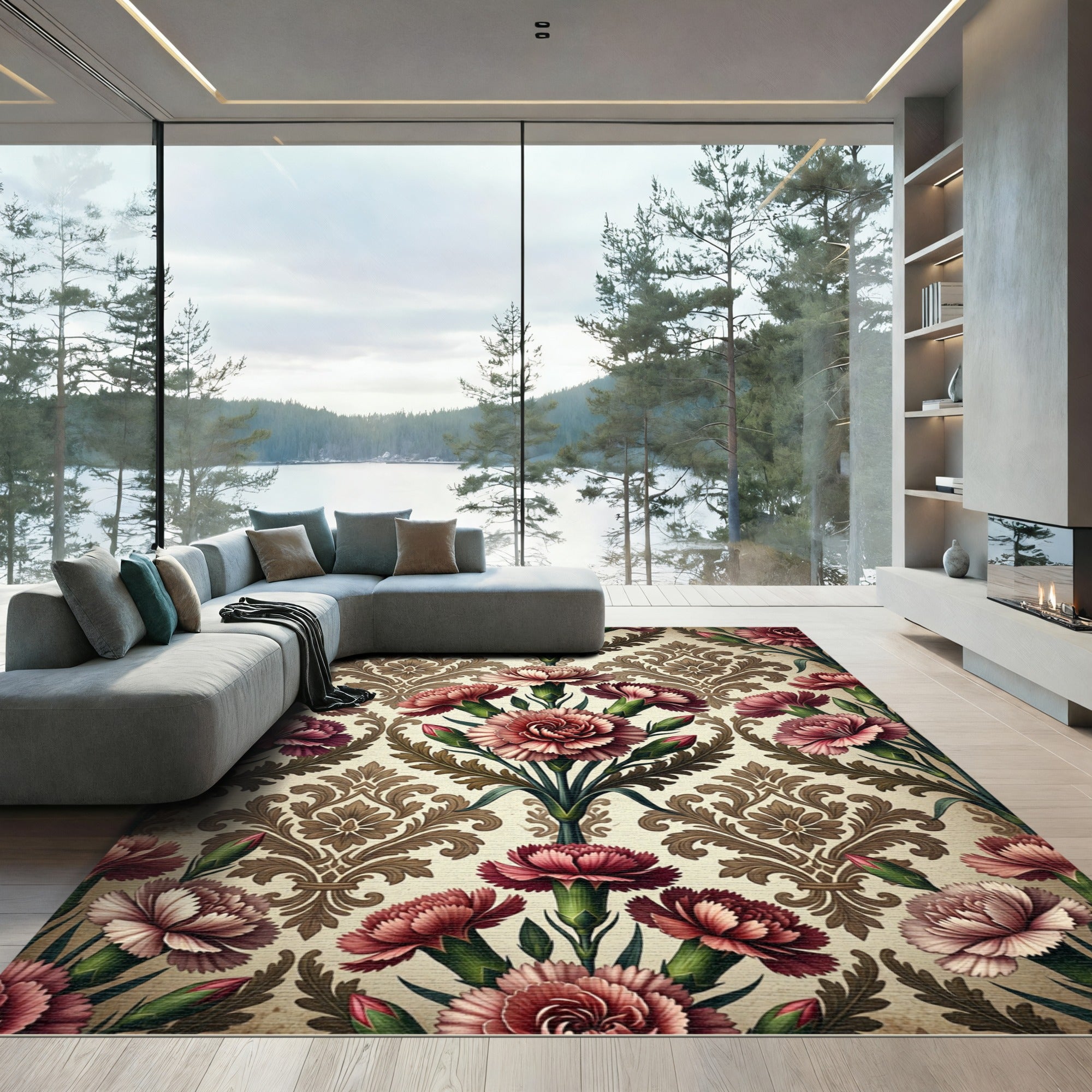 Vintage Dusty Rose Carnation Damask Rug