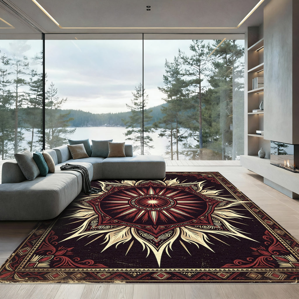 Crimson Gold Sunburst Mandala Rug