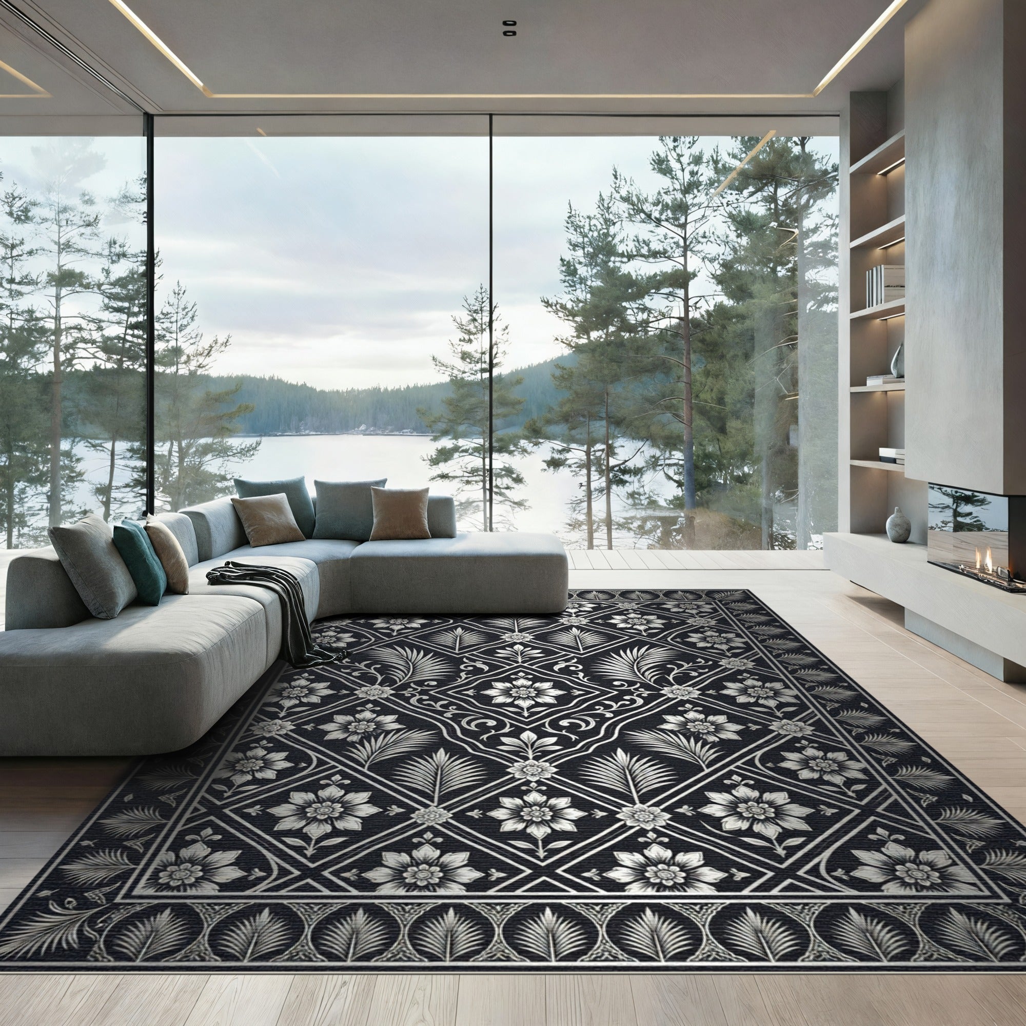 Elegant Metallic Silver Floral Damask Rug