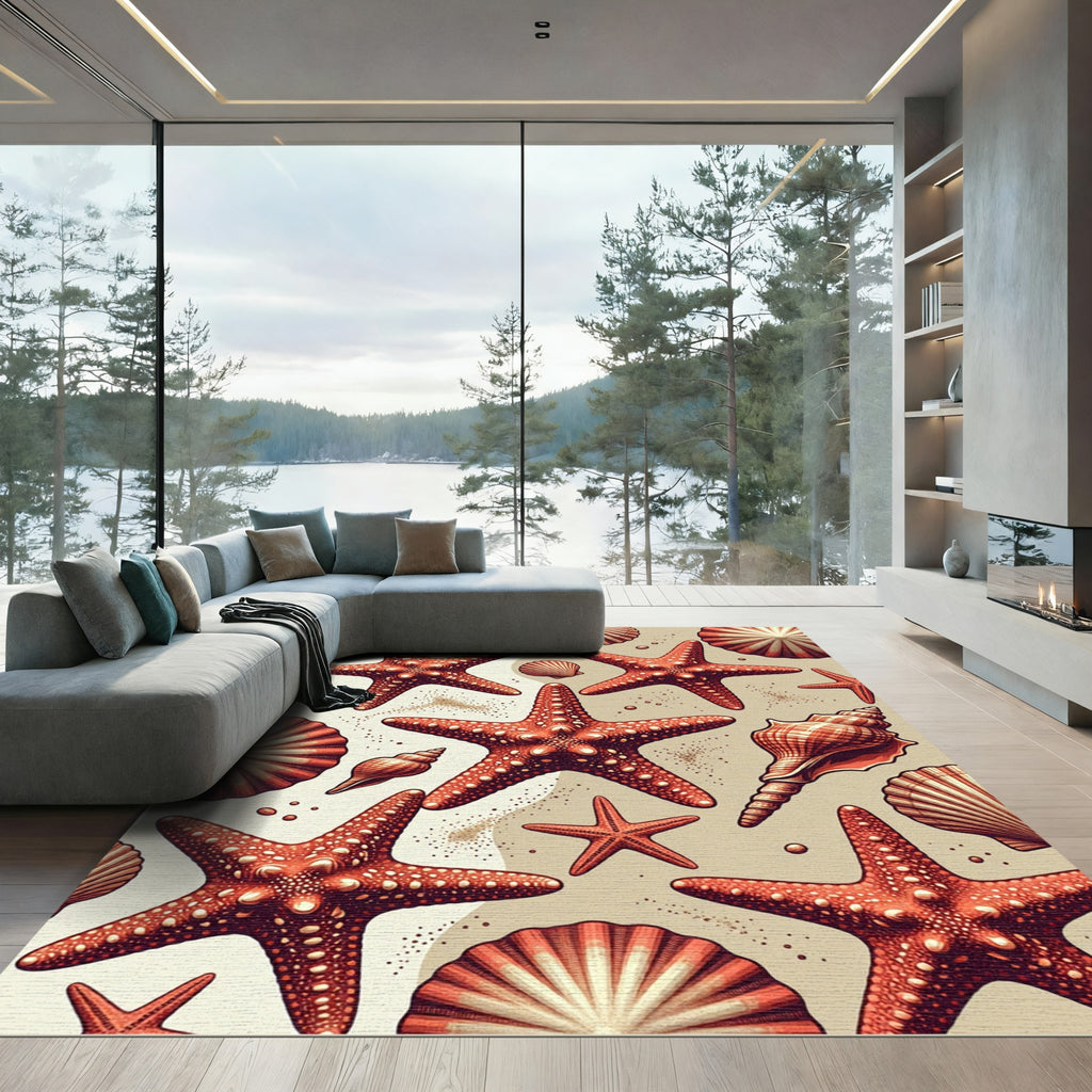 Coastal Red Starfish and Seashell Coral Rug