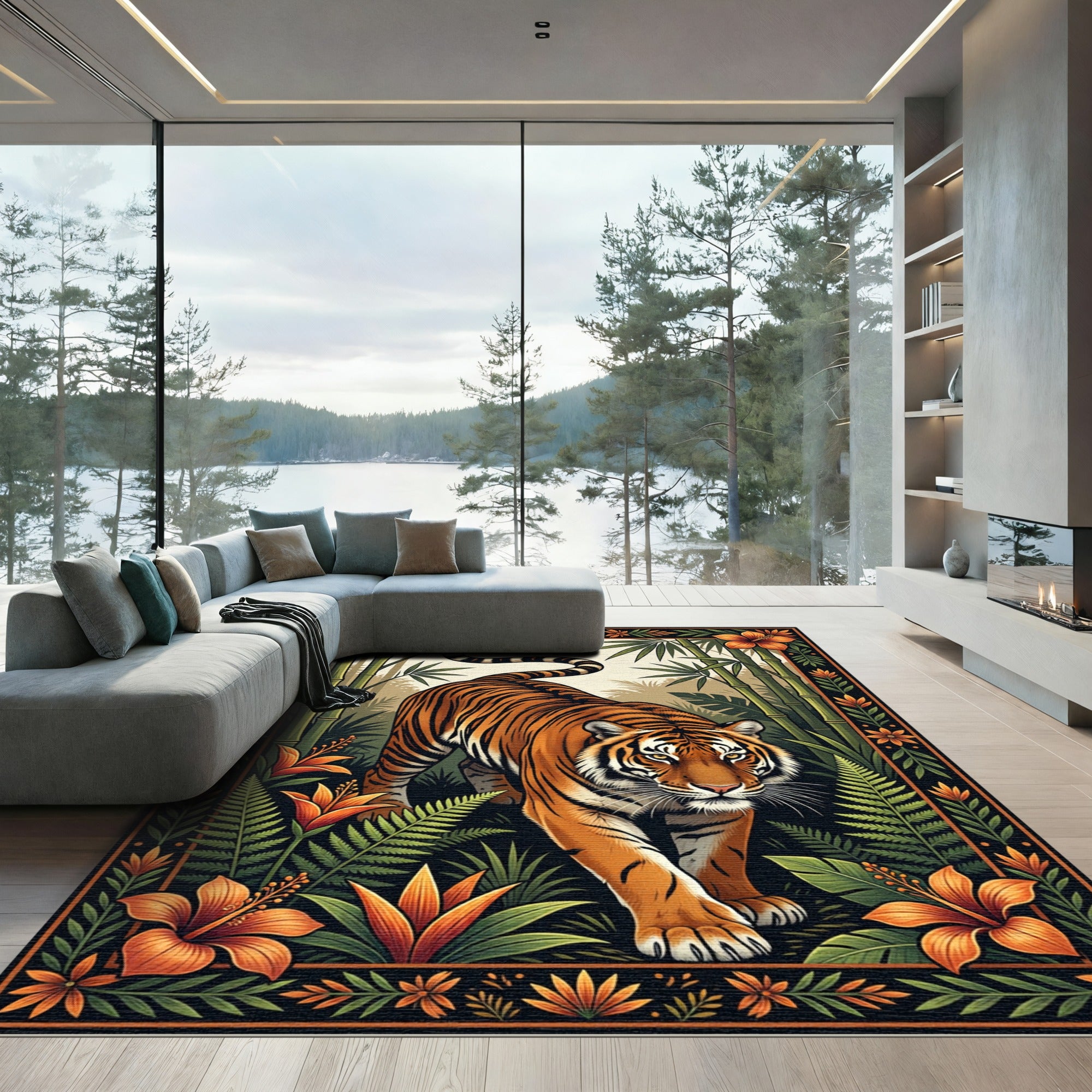 Exotic Jungle Tiger Tropical Flora Rug