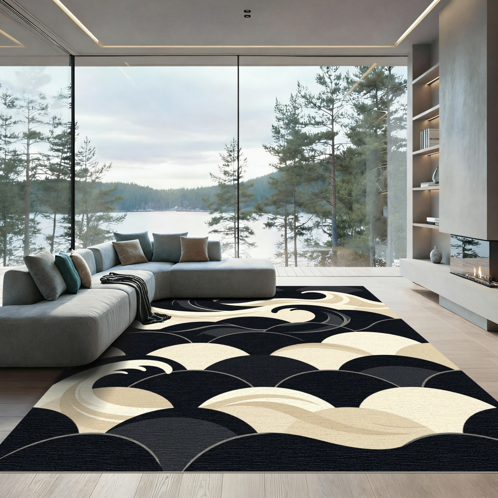 Minimalist Japanese Wave Monochrome Graphic Rug
