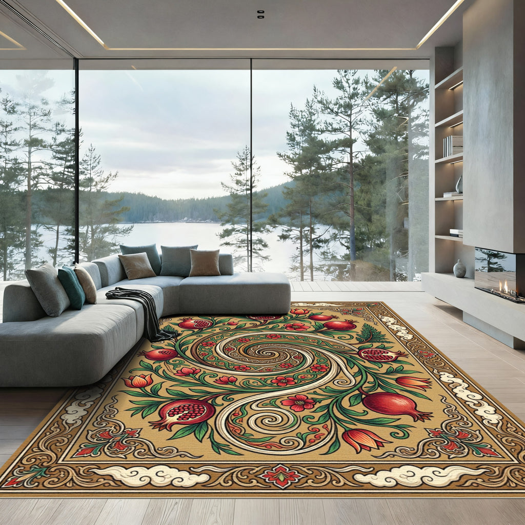 Golden Pomegranate Swirl Floral Art Rug