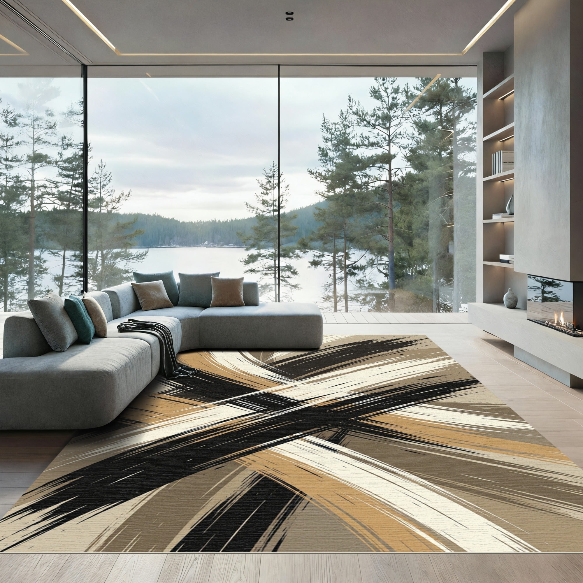 Abstract Neutral Brushstroke Crisscross Rug