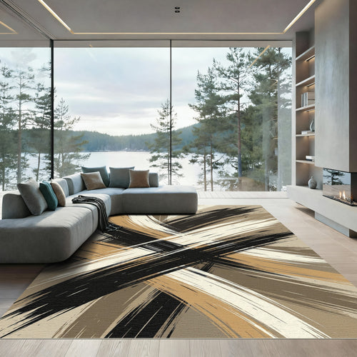 Abstract Neutral Brushstroke Crisscross Rug