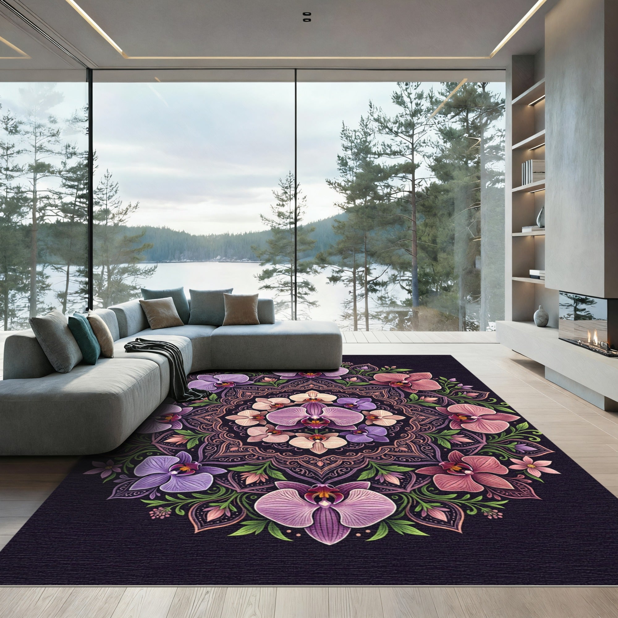 Orchid Floral Mandala on Dark Purple Rug