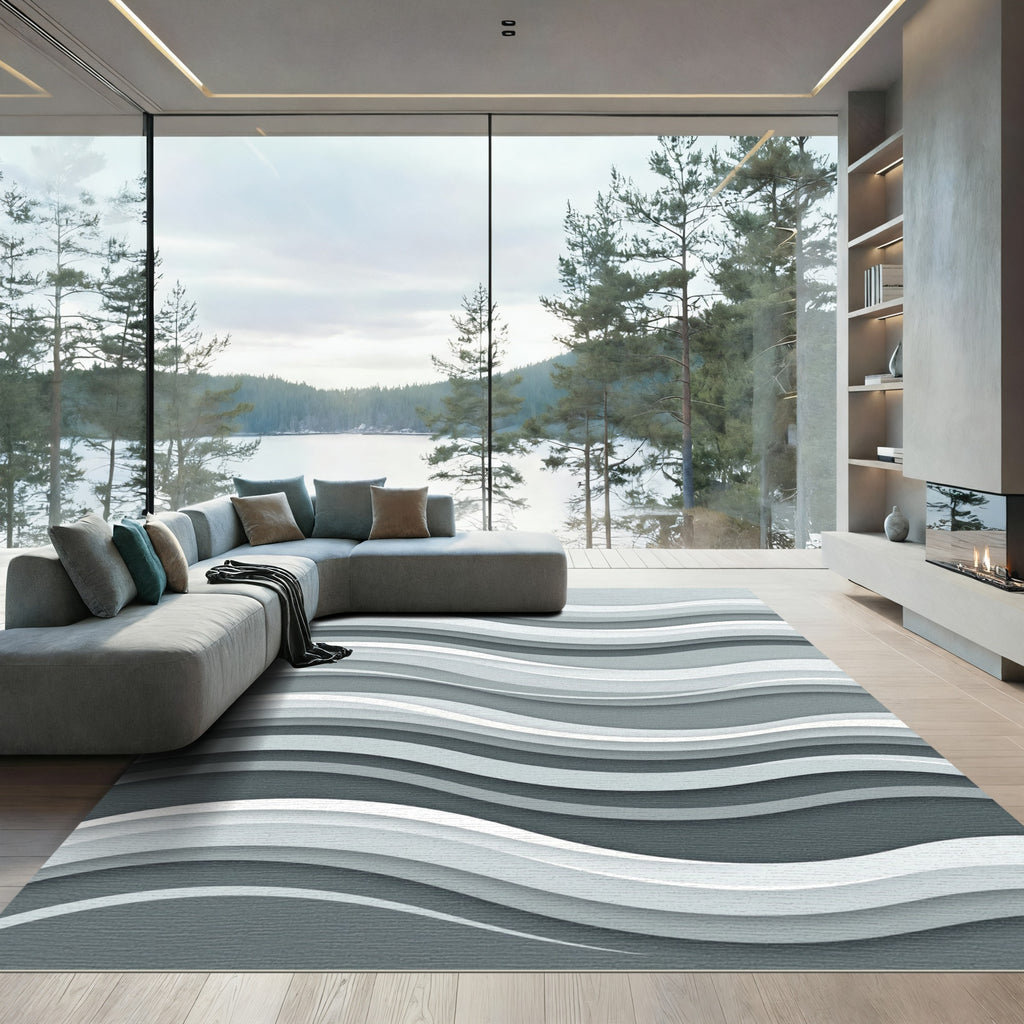 Modern Gray Wave layered Rug