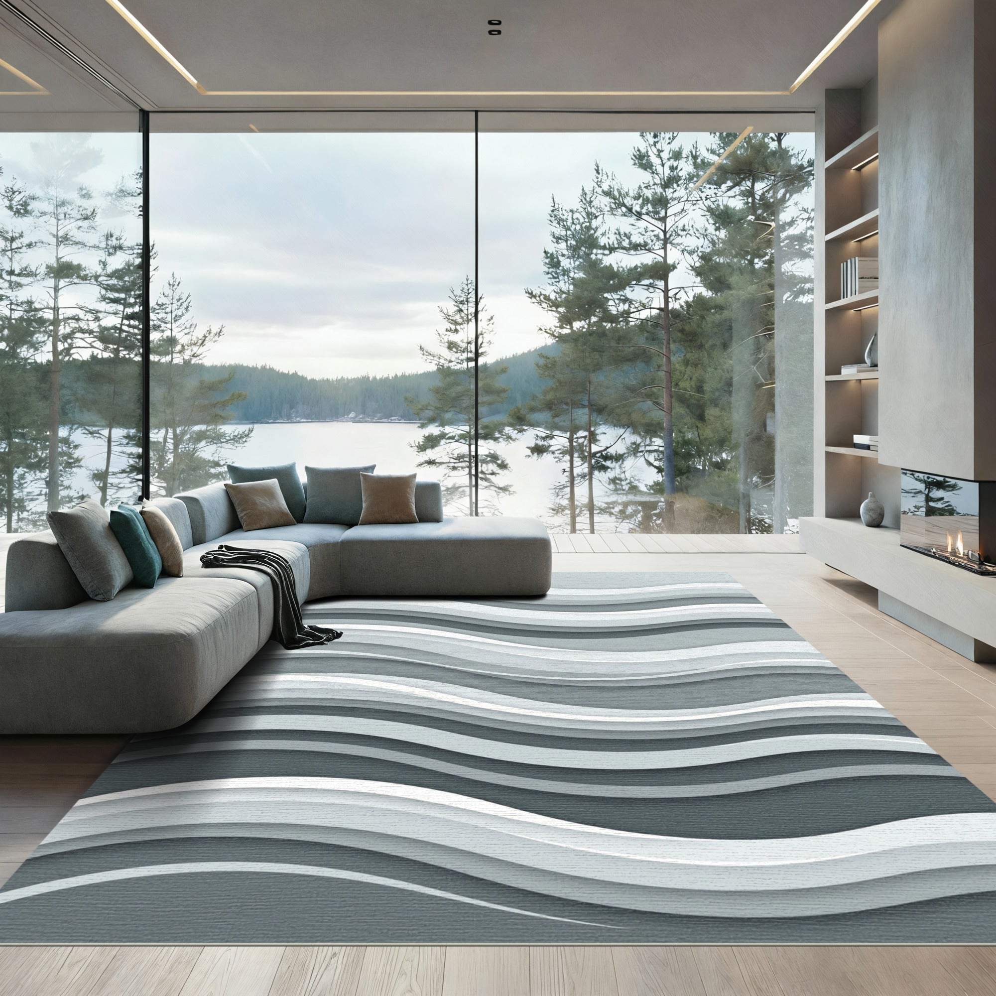 Modern Gray Wave layered Rug