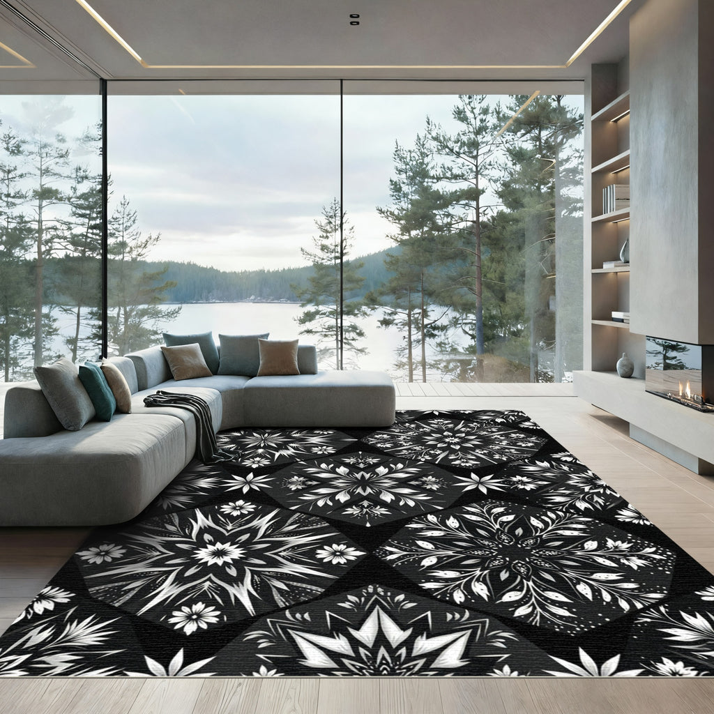 Black White Geometric Floral Medallion Rug