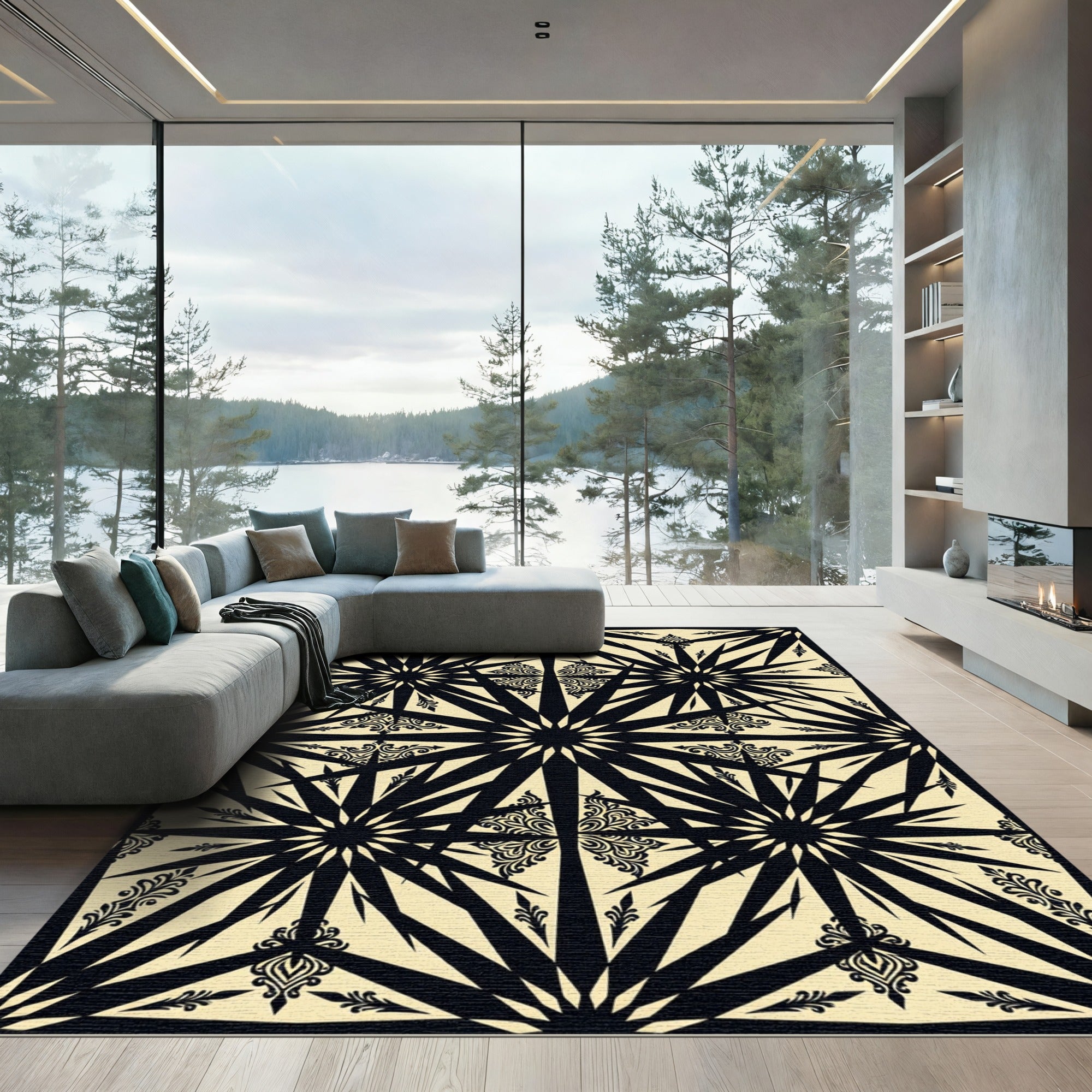 Monochrome Black and Beige Star Medallion Rug