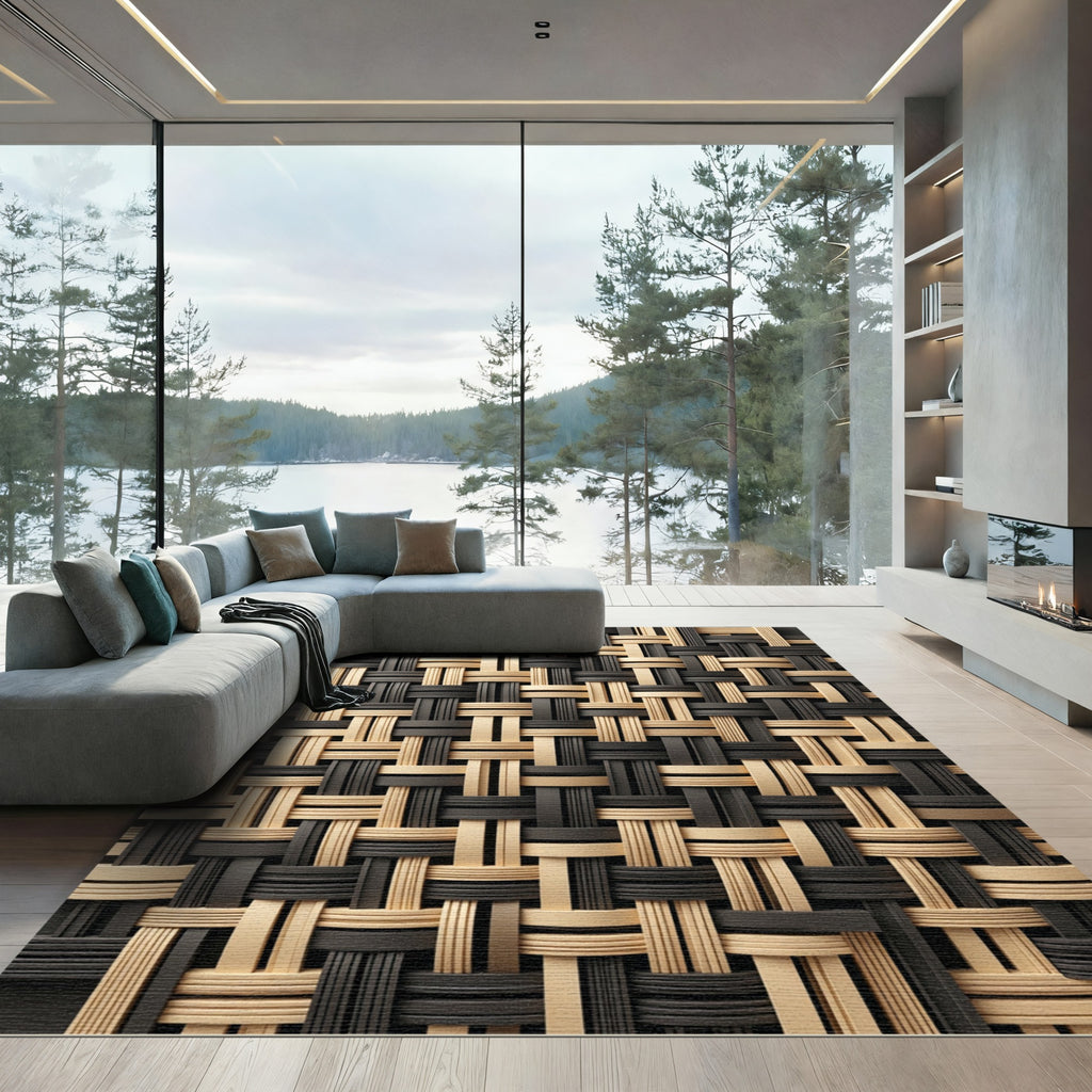 Modern Black Tan Woven Threads Rug