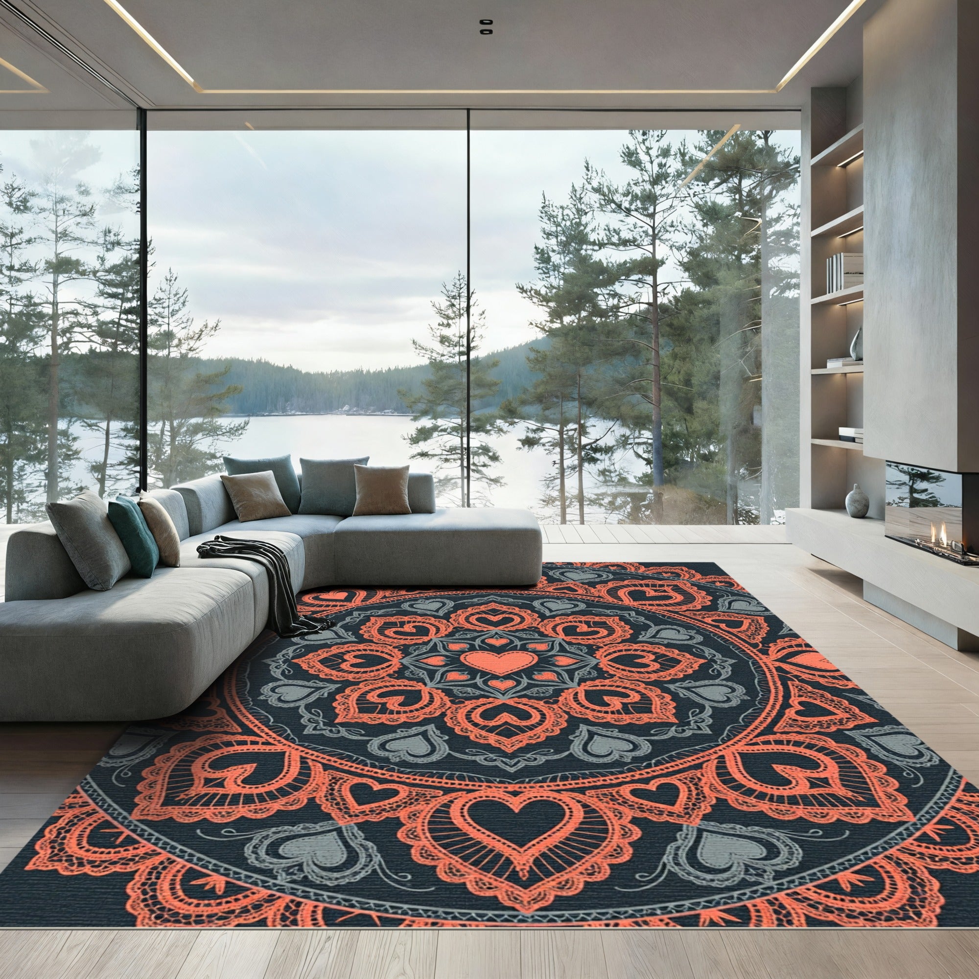 Coral Heart Lace Mandala Medallion Rug