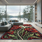 Art Nouveau Red Poppy Floral Scroll Rug