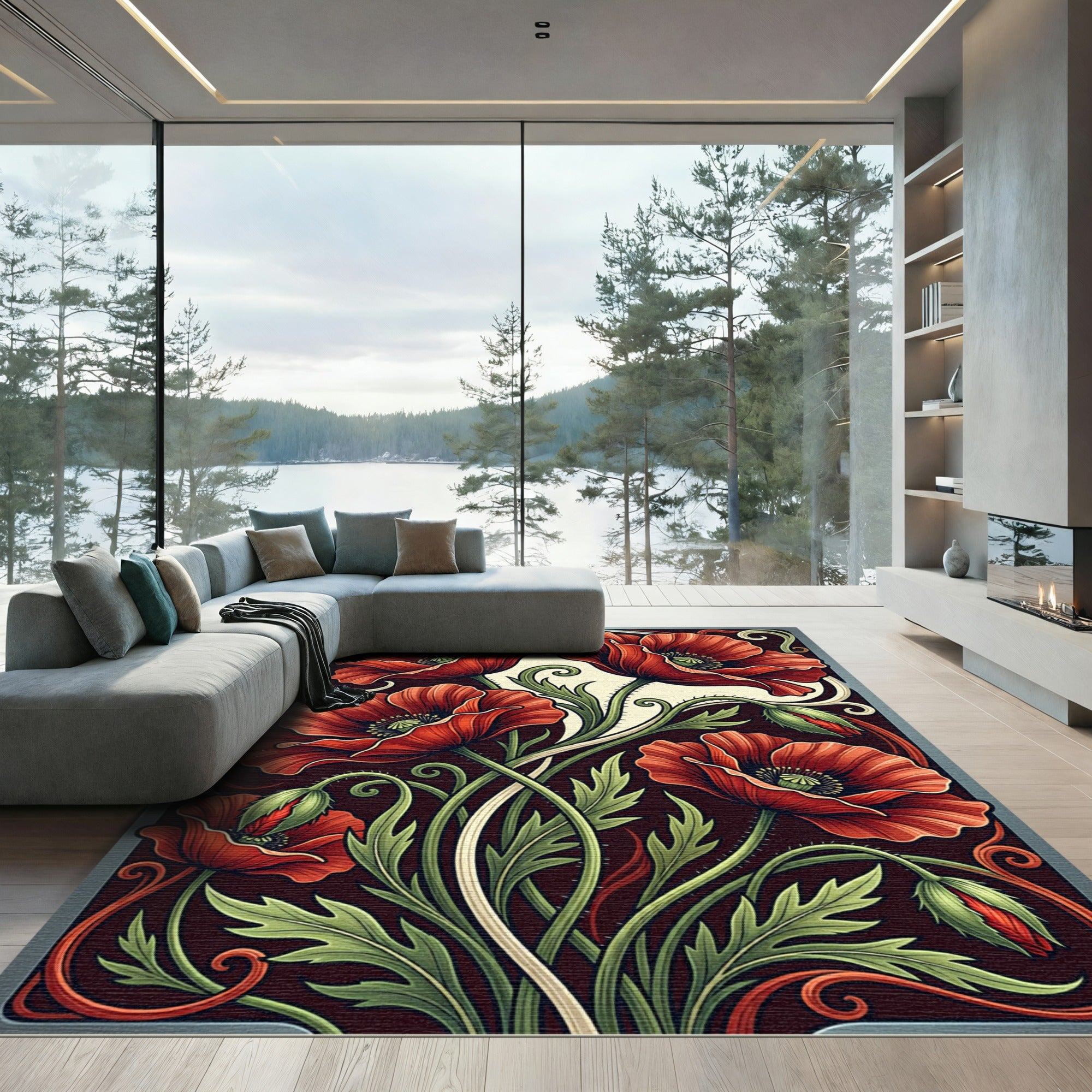 Art Nouveau Red Poppy Floral Scroll Rug