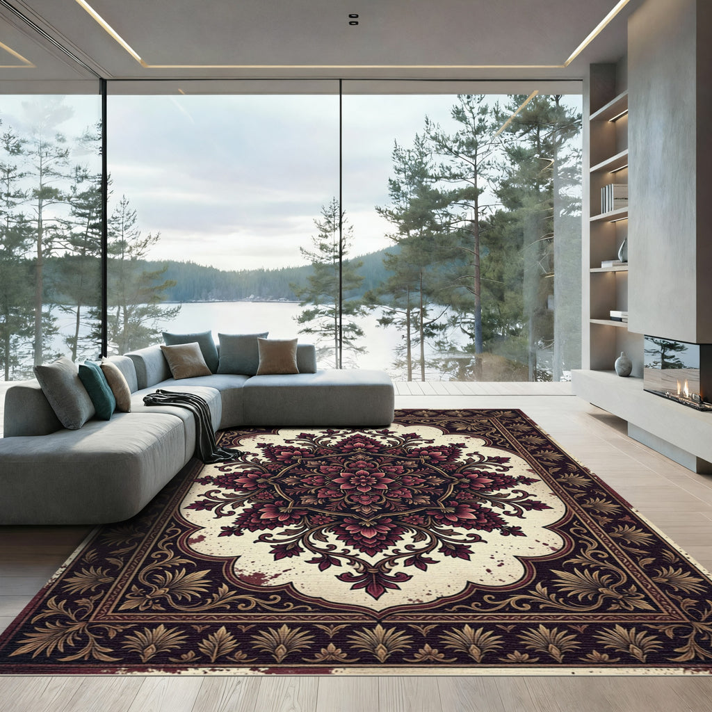 Ornate Crimson Floral Hexagon Medallion Rug