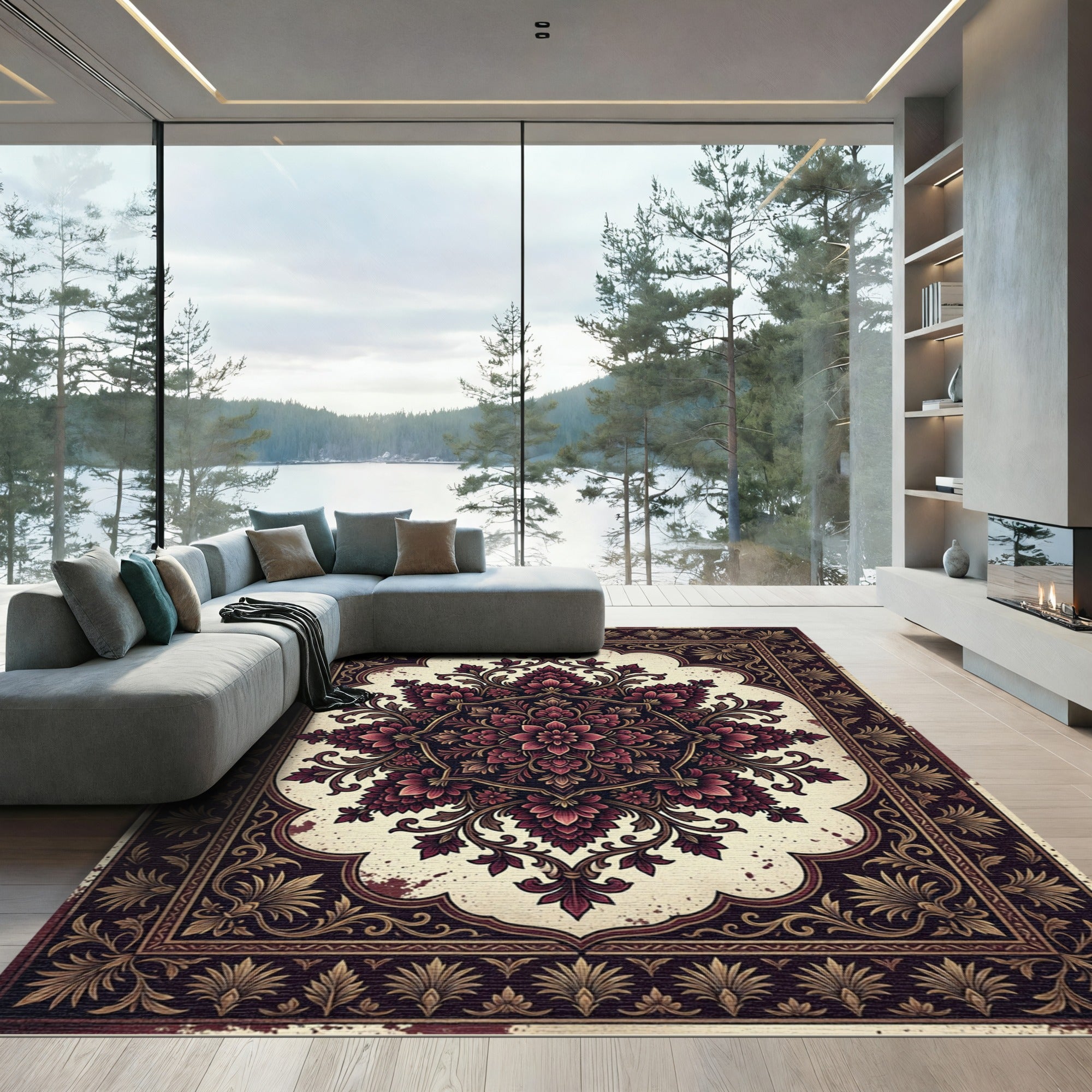 Ornate Crimson Floral Hexagon Medallion Rug