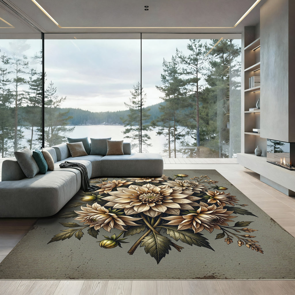 Muted Beige Ethereal Dalia Floral Composition Rug