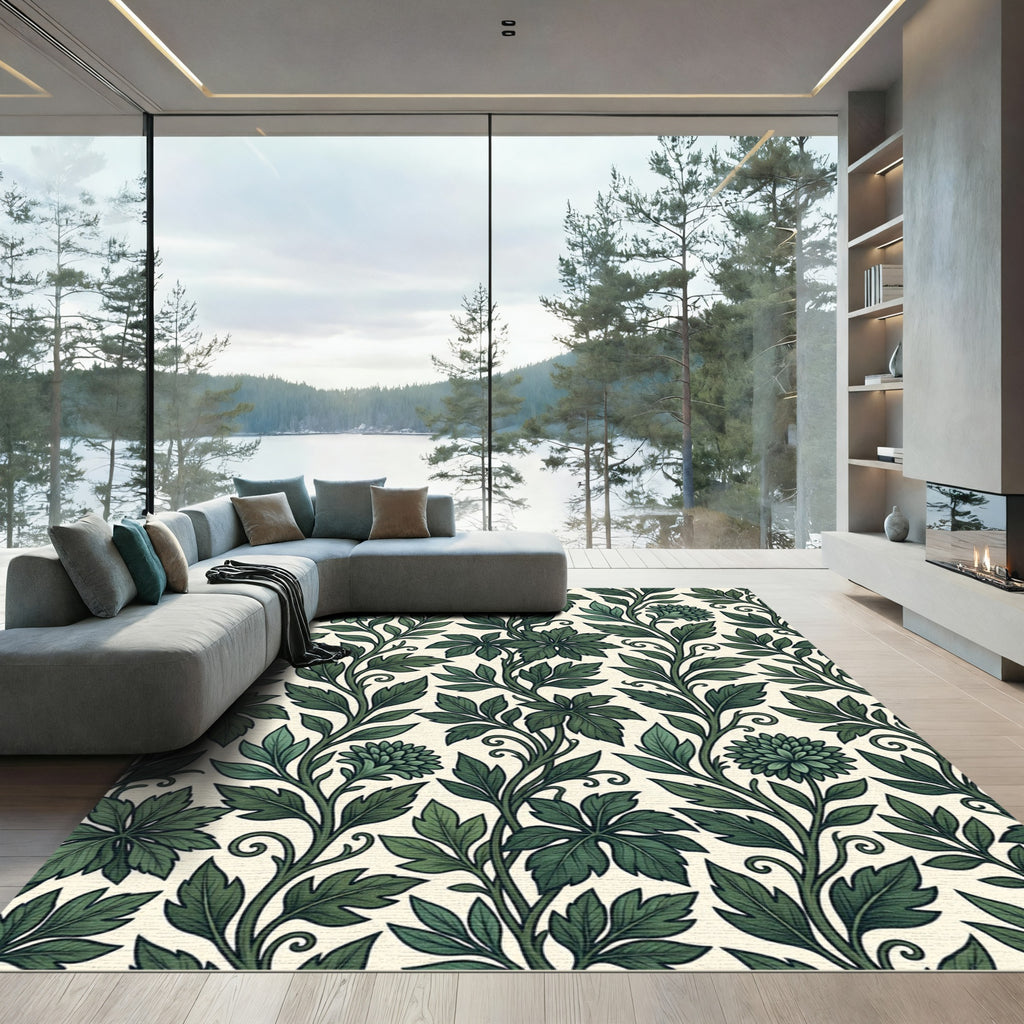 Emerald Green Floral Vine Art Nouveau Rug