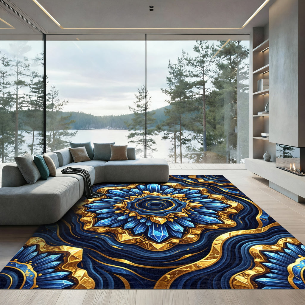 Golden Crystal Medallion Navy Wave Rug
