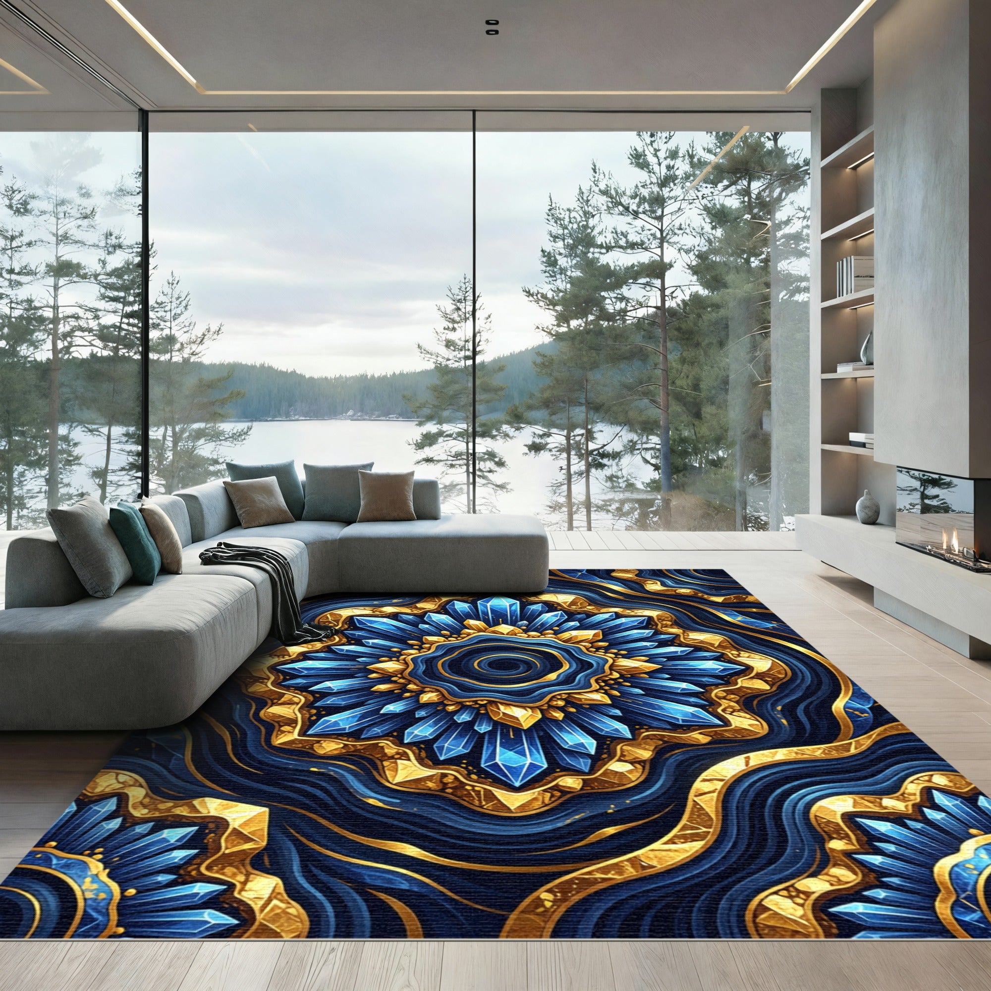Golden Crystal Medallion Navy Wave Rug